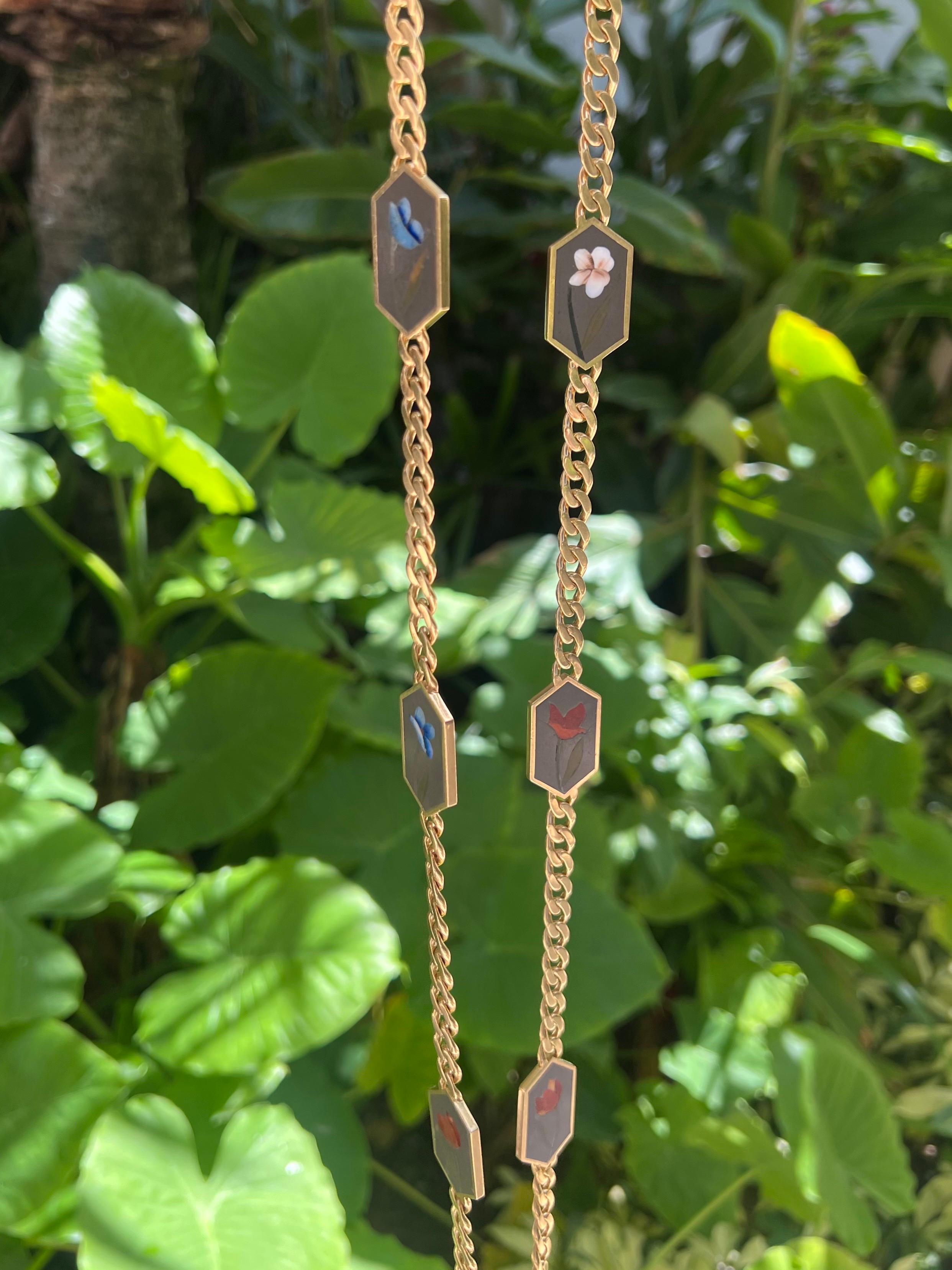 Bvlgari 18k Yellow Gold Hardstone Flower Long Necklace 1970's For Sale 4