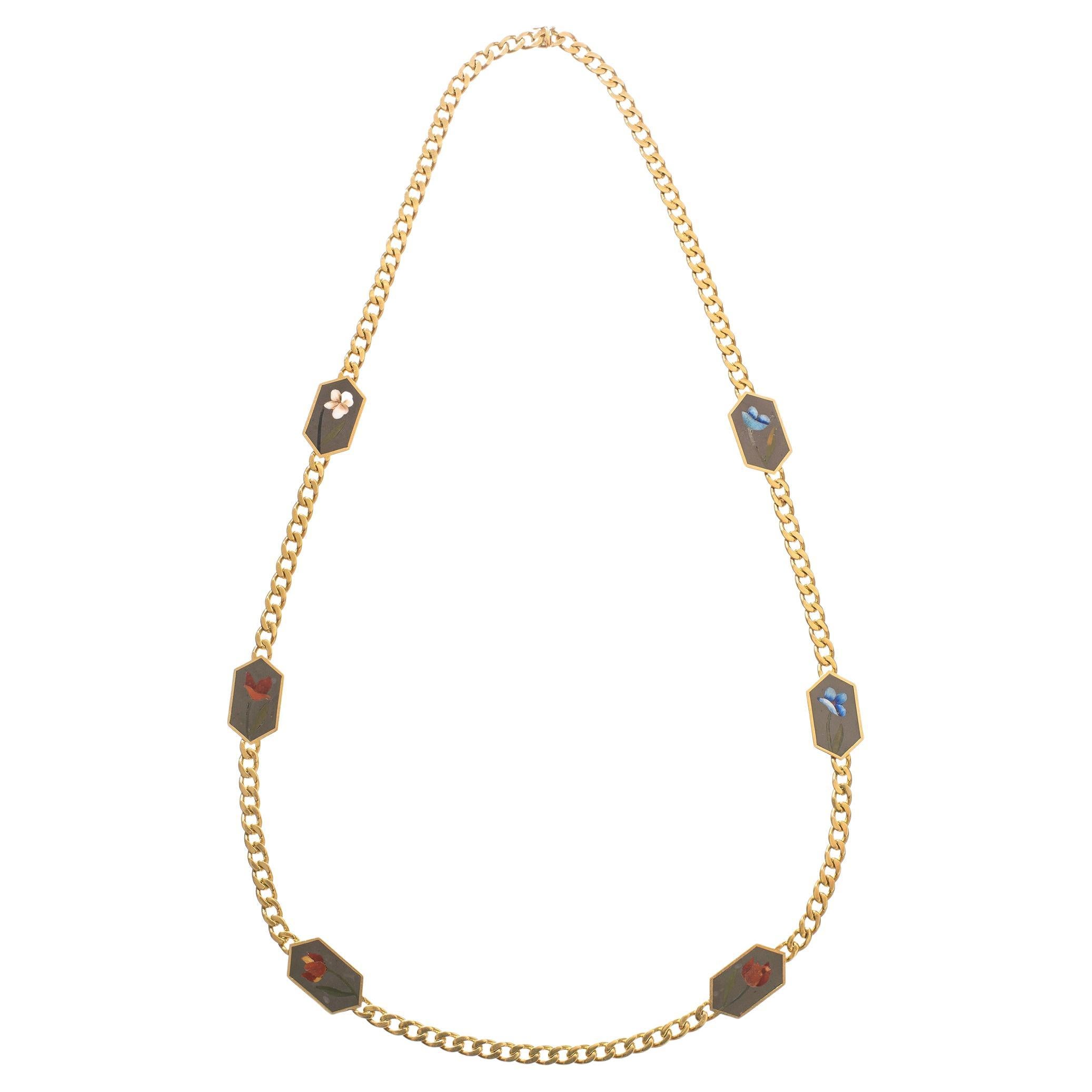 Bvlgari 18k Yellow Gold Hardstone Flower Long Necklace 1970's For Sale