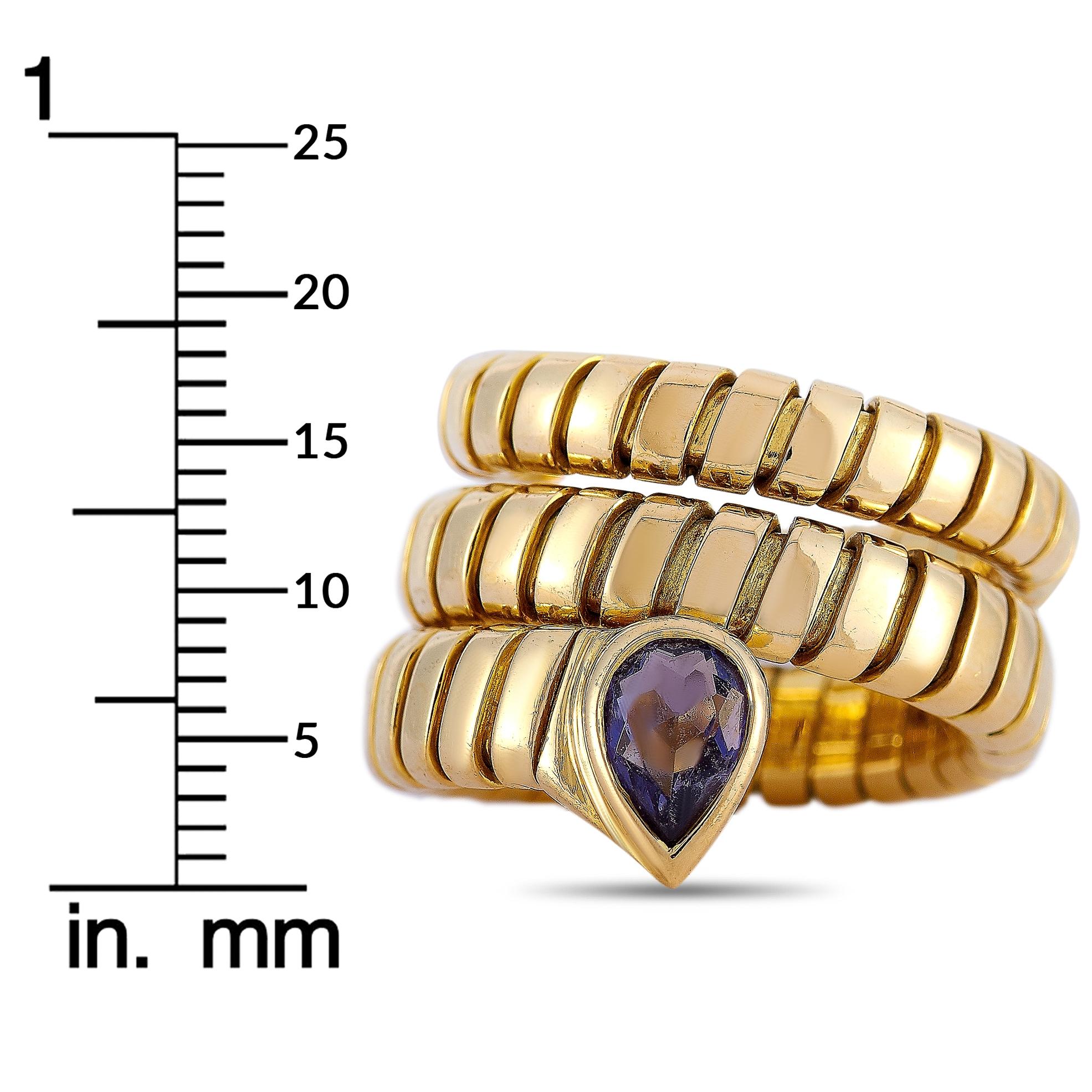 Bvlgari 18 Karat Yellow Gold Iolite Tubogas Ring In Excellent Condition In Southampton, PA