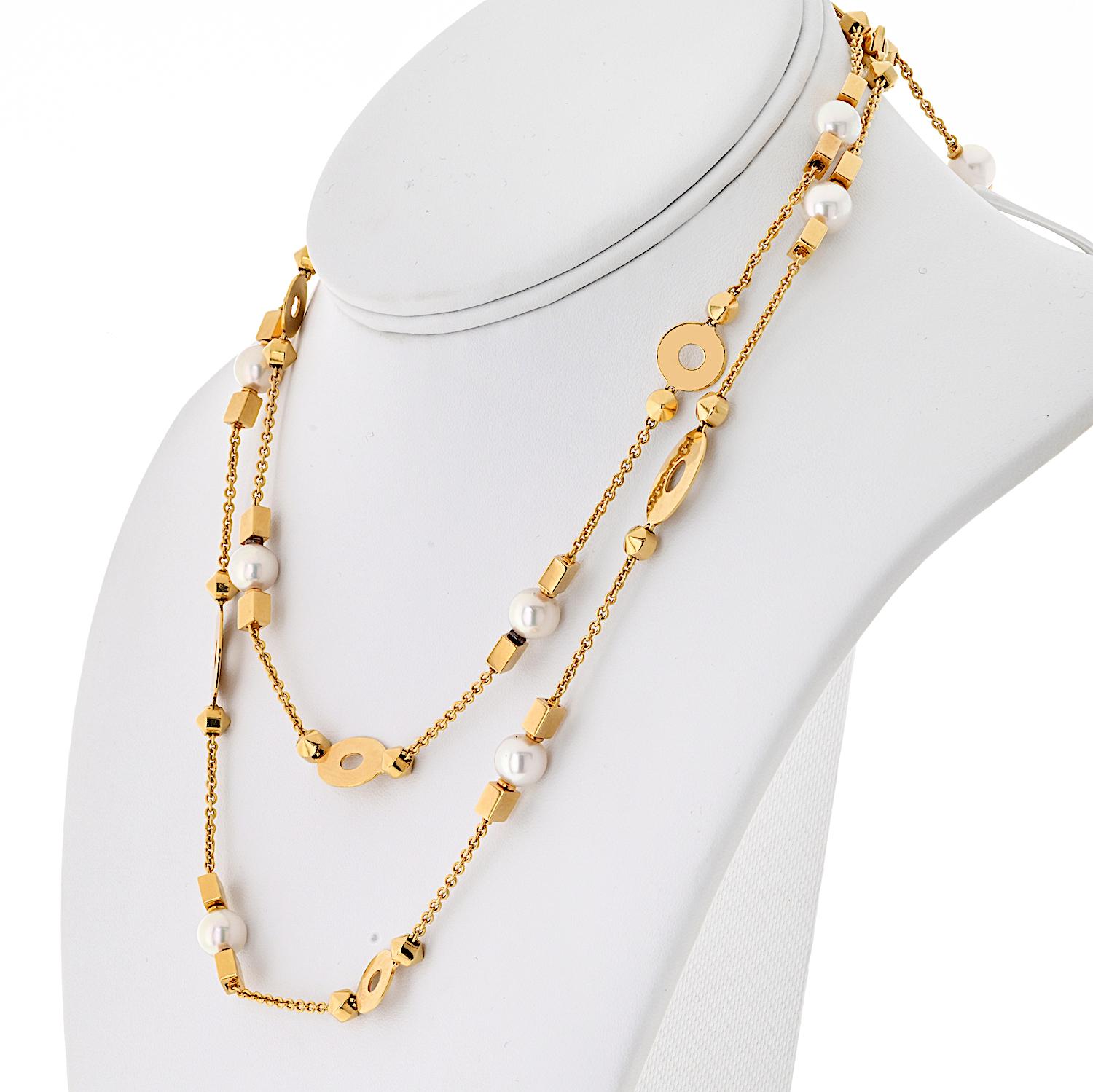 Moderne Bvlgari, collier long de 33 pouces en or jaune 18 carats avec chaîne en perles de lycée en vente