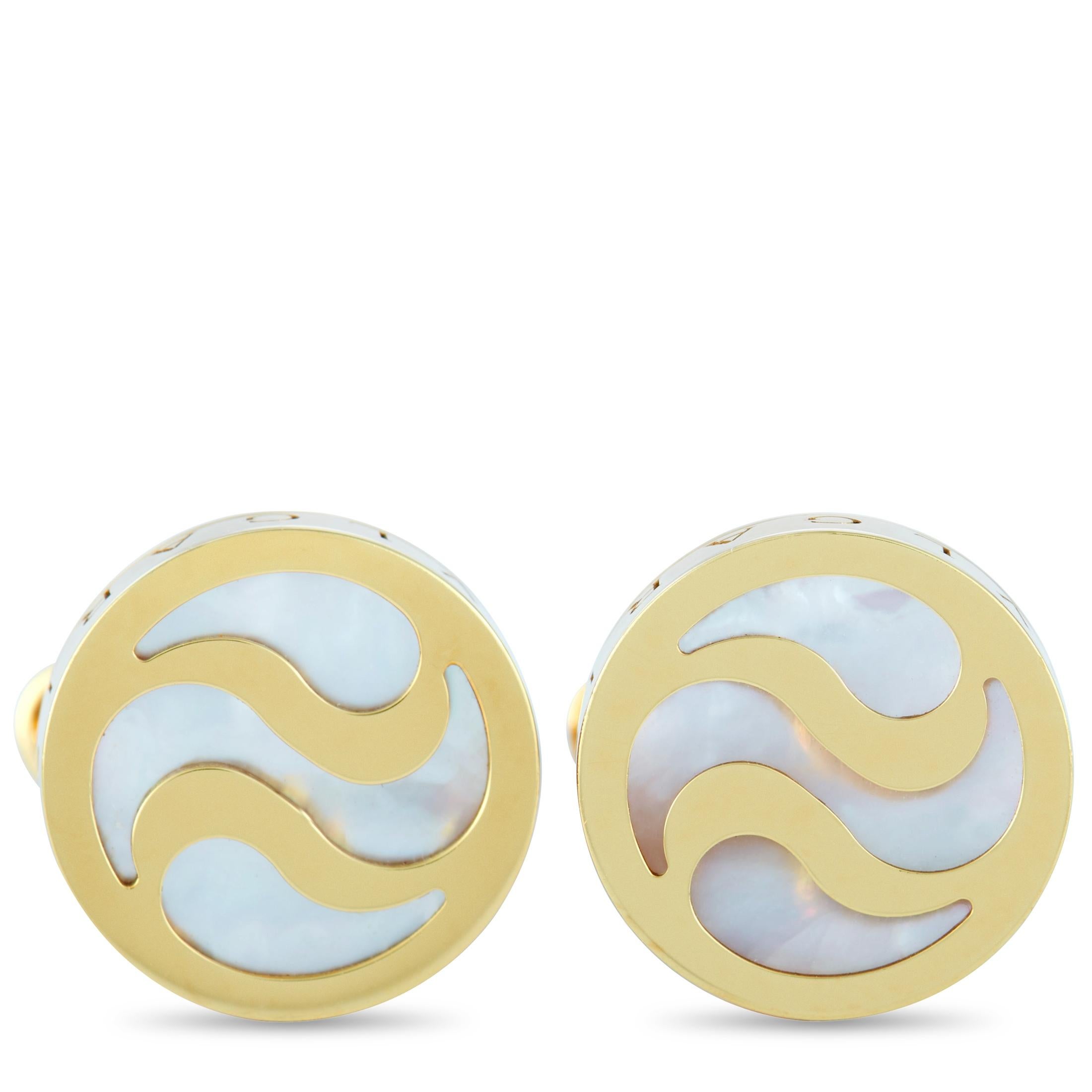 These Bvlgari cufflinks are made out of 18K yellow gold and mother of pearl and each of the two weighs 8.35 grams. The cufflinks measure 0.60” in length and 0.60” in width.
 
 The pair is offered in estate condition and includes the manufacturer’s