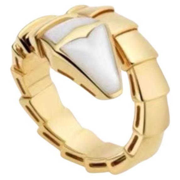 Bvlgari 18K Yellow Gold Mother Of Pearl Serpenti Viper Ring Size M For Sale