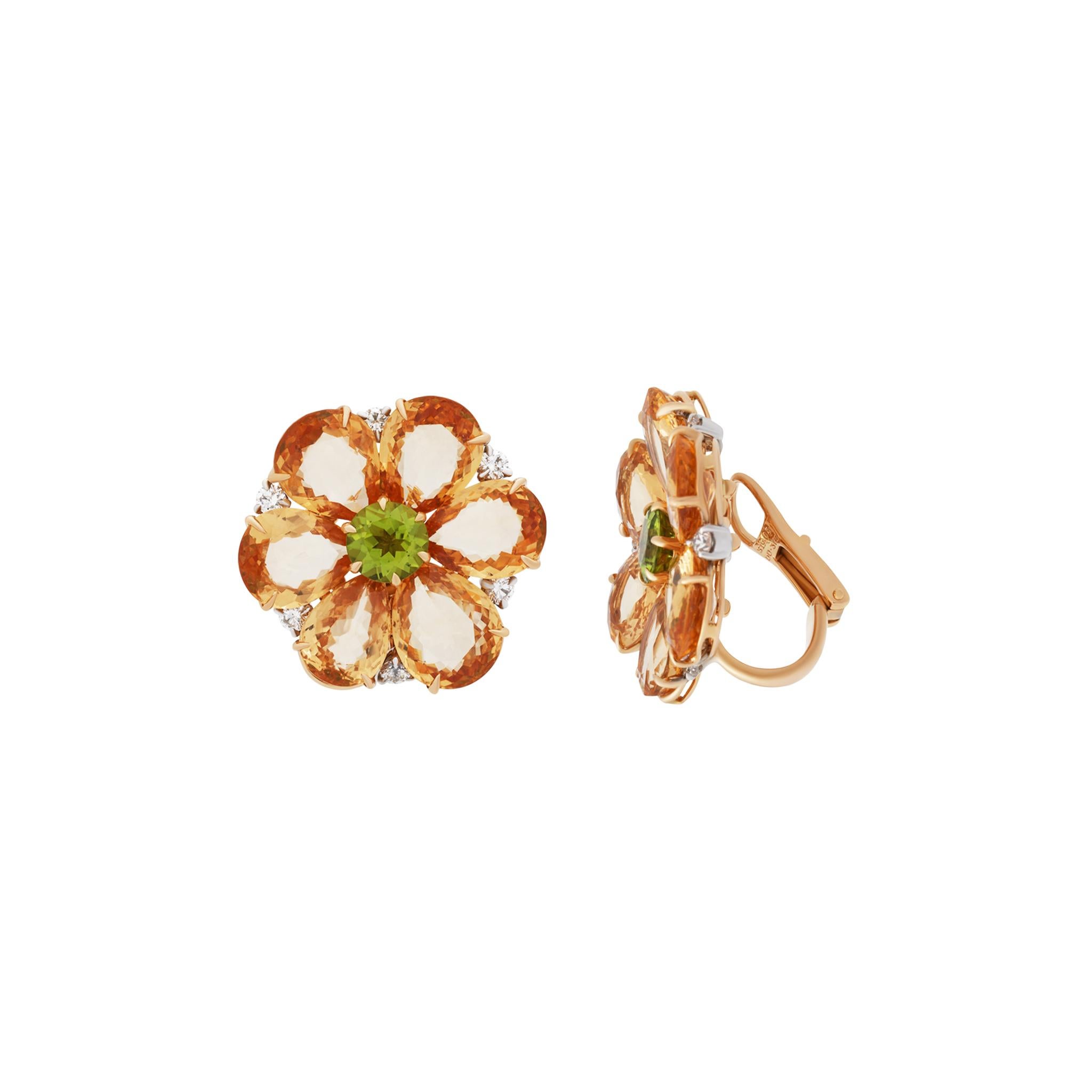 Round Cut Bvlgari 18 Karat Yellow Gold Orange Sapphire Peridot and Diamond Earrings