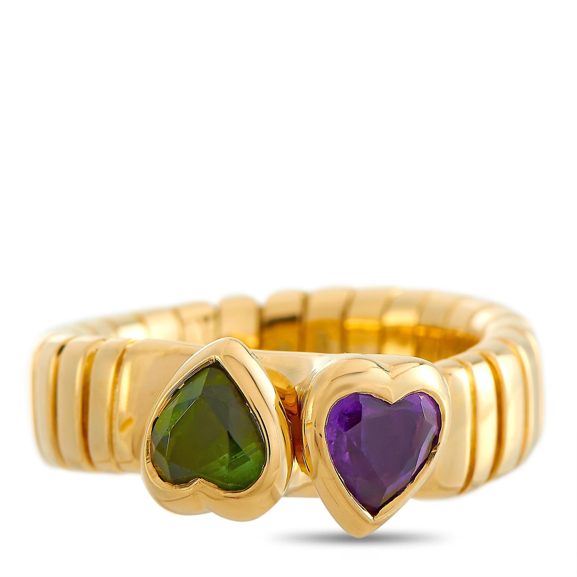 Women's Bvlgari 18 Karat Yellow Gold Peridot and Amethyst Heart Ring