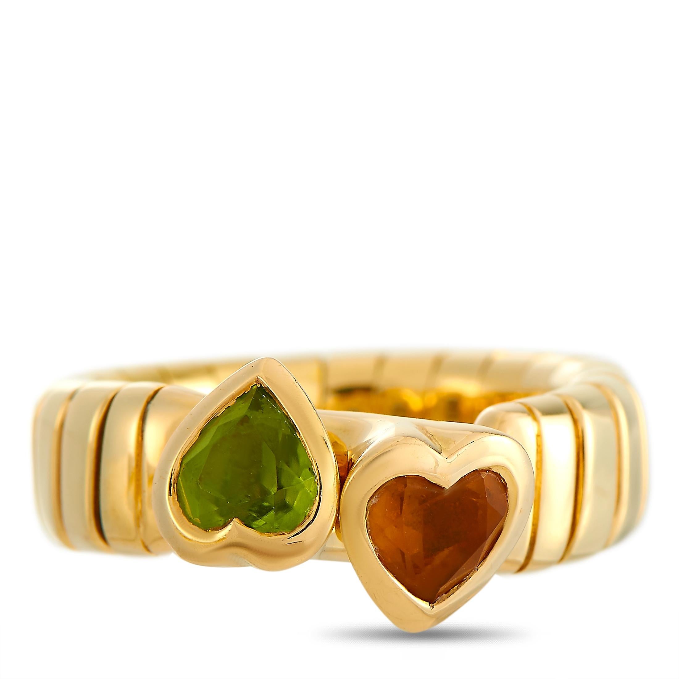 Bvlgari 18 Karat Yellow Gold Peridot and Citrine Hearts Ring In Excellent Condition In Southampton, PA