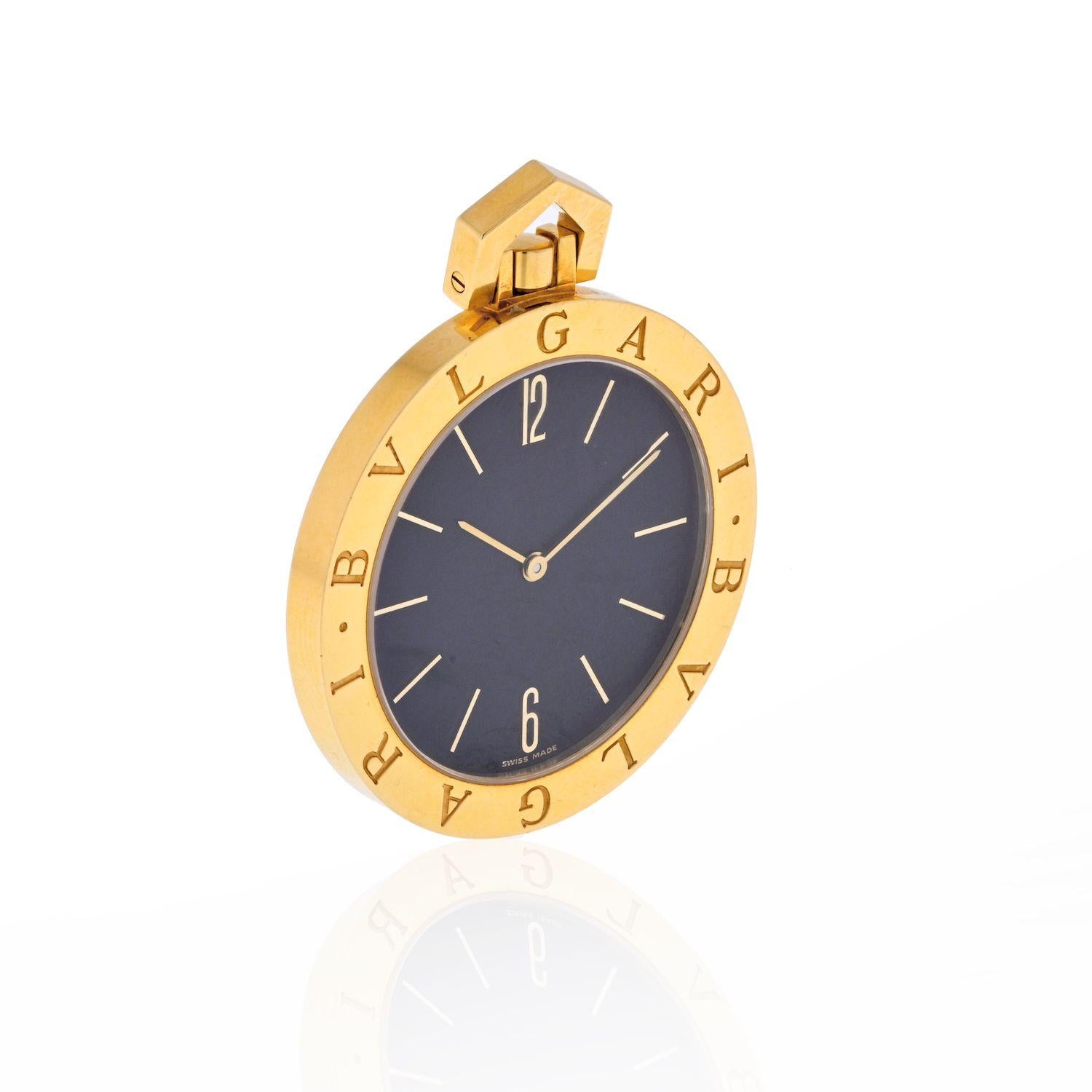 BVLGARI POCKET-DRESS WATCH QUARTZ
Quartz movement, black dial with gilt Roman half-hour numerals with batons in between, in a polished circular case with signed Bulgari and snap on back, case, dial and movement signed, 39mm diam.
THICKNESS 5.5 mm. 