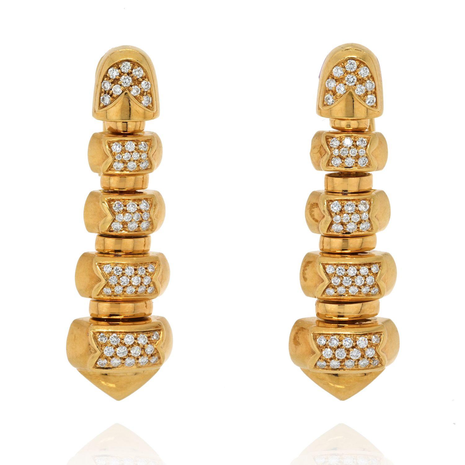 Bvlgari 18K Yellow Gold pair of long earrings. Collection Celtica. created in Roma, Italy. High polished yellow gold. each earrings is composed of 5 graduated rounded rectangular bombe panels with movement. these earrings are incredible once on and