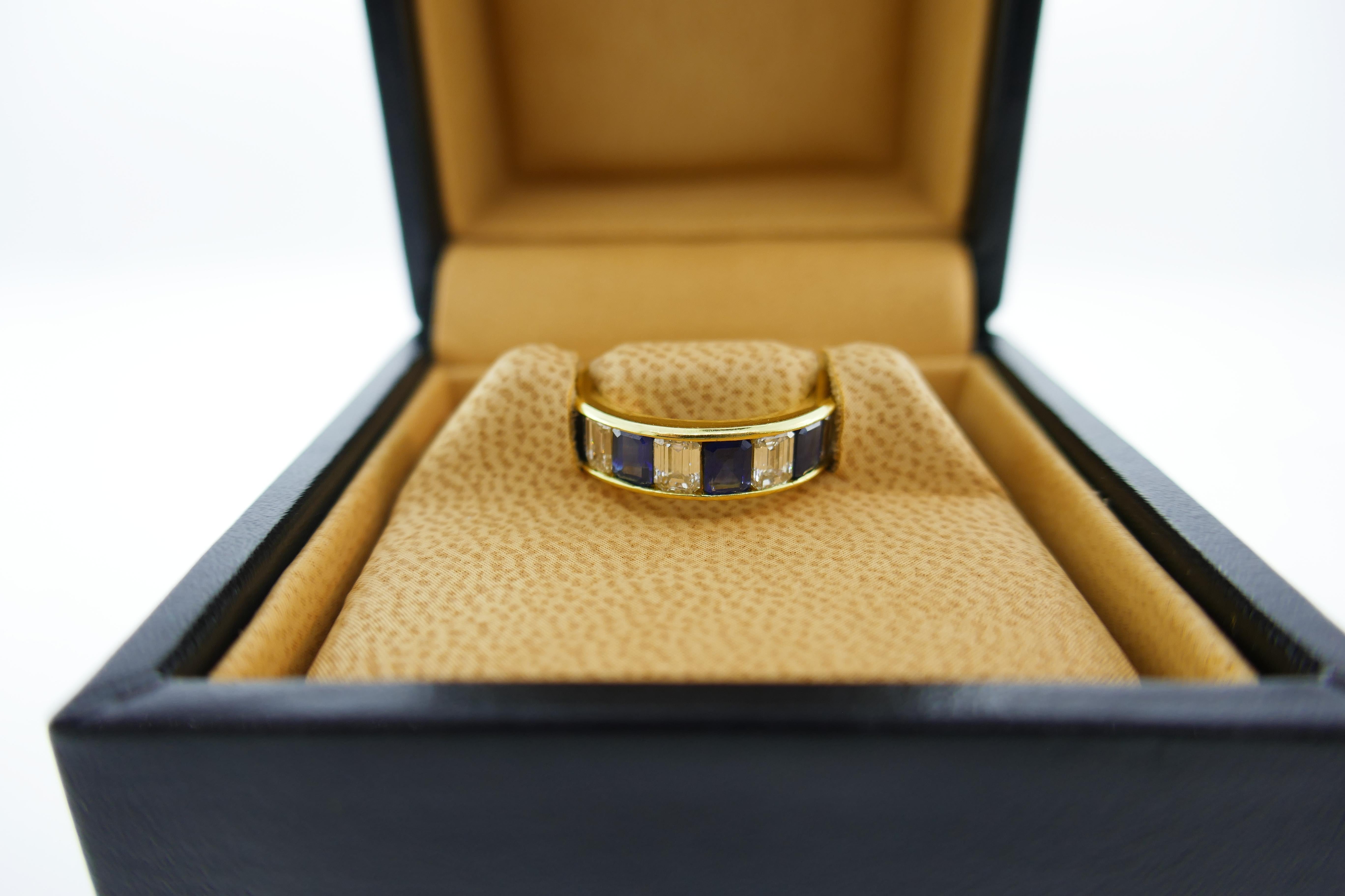 Bvlgari Sapphire and Diamond Band

This is a stunning Bvlgari sapphire and diamond band. It features 18k yellow gold, 2.25 carats of  excellent quality sapphires and roughly 2.5 carats of lively emerald cut diamonds. 

Size: 5 (US) 

Weight: 5.5