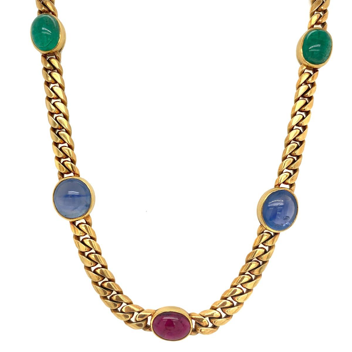 Bvlgari 18K Yellow Gold Sapphire Emerald Cabochon Ruby Link Necklace 

Brand: Bvlgari
Metal: 18K Yellow Gold
Condition: Excellent
Origin: Italy
Stamped: 750 Bvlgari 
Year Of Manufacture: 1980s
Gemstone: Sapphire, Emerald & Cabochon Ruby
Total