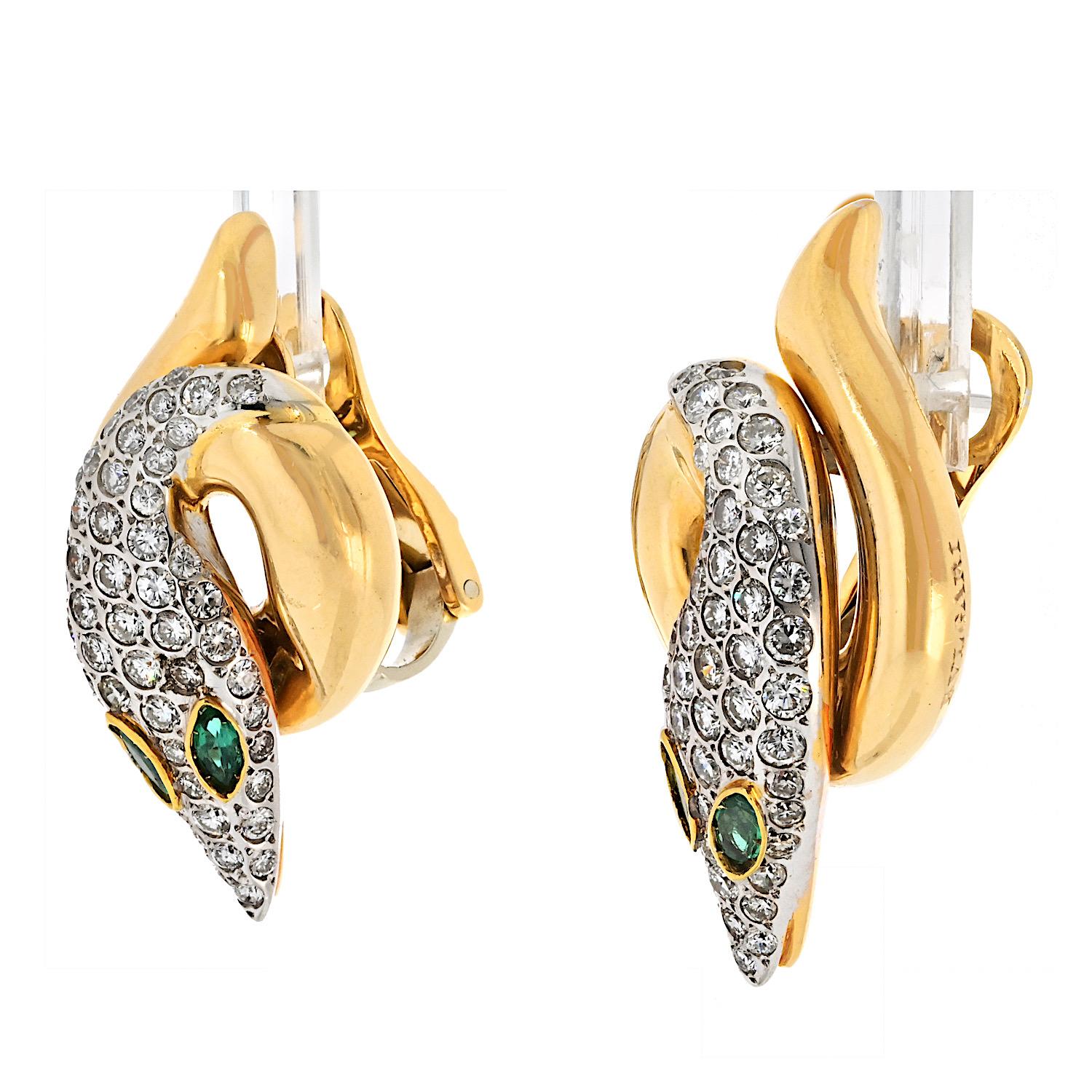 Vintage Bvlgari Serpent Earrings: a mesmerizing blend of luxury and artistry. Expertly crafted in 18k yellow gold, these earrings feature an elegant serpent motif, symbolizing wisdom and transformation. 

The sinuous design is adorned with dazzling