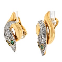 Bvlgari 18K Yellow Gold Serpent Snake Diamond And Emerald Earrings