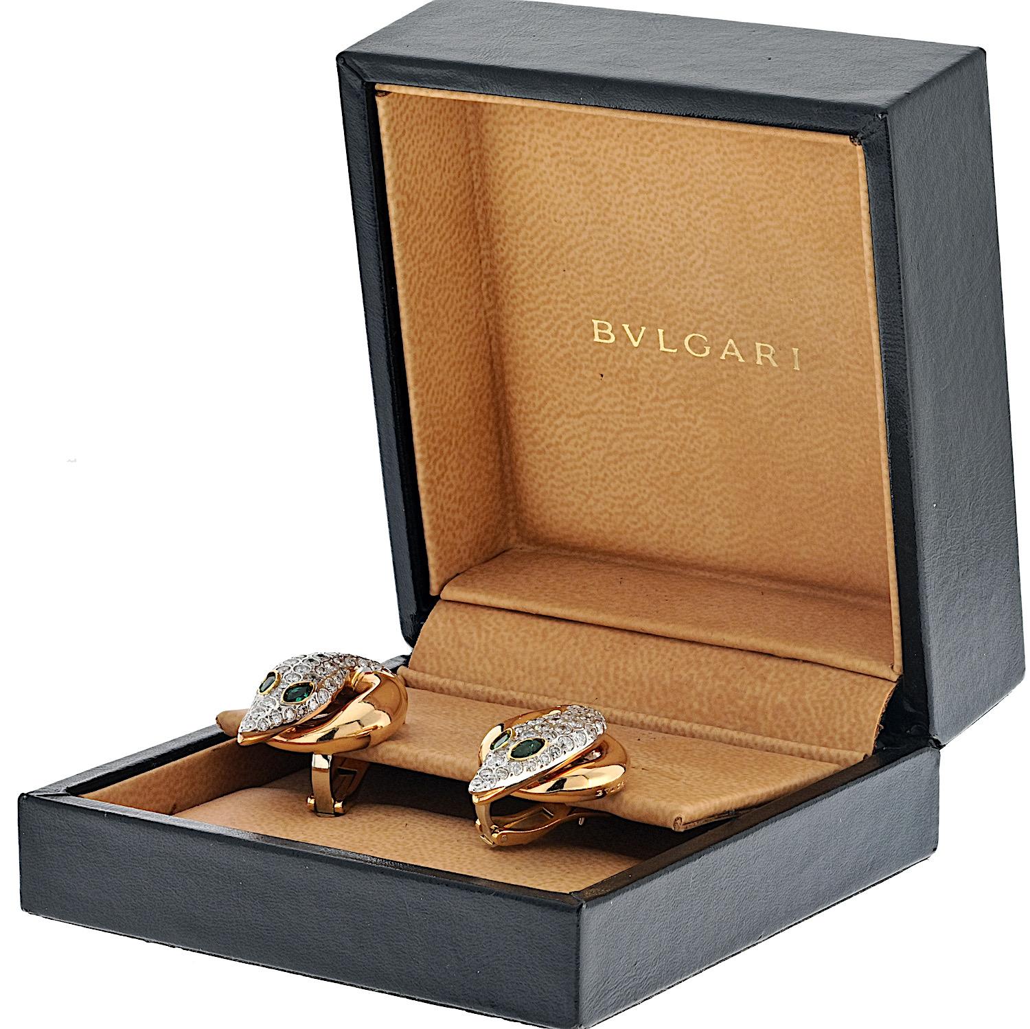 Bvlgari 18K Yellow Gold Serpent Snake Diamond And Emerald Earrings In Excellent Condition For Sale In New York, NY