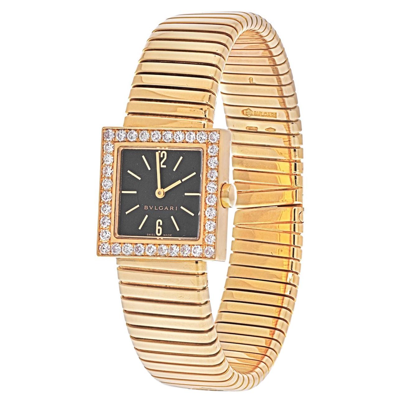 Bvlgari 18K Yellow Gold SQ 22 2T Quadrato Tubogas Diamond Bezel Watch