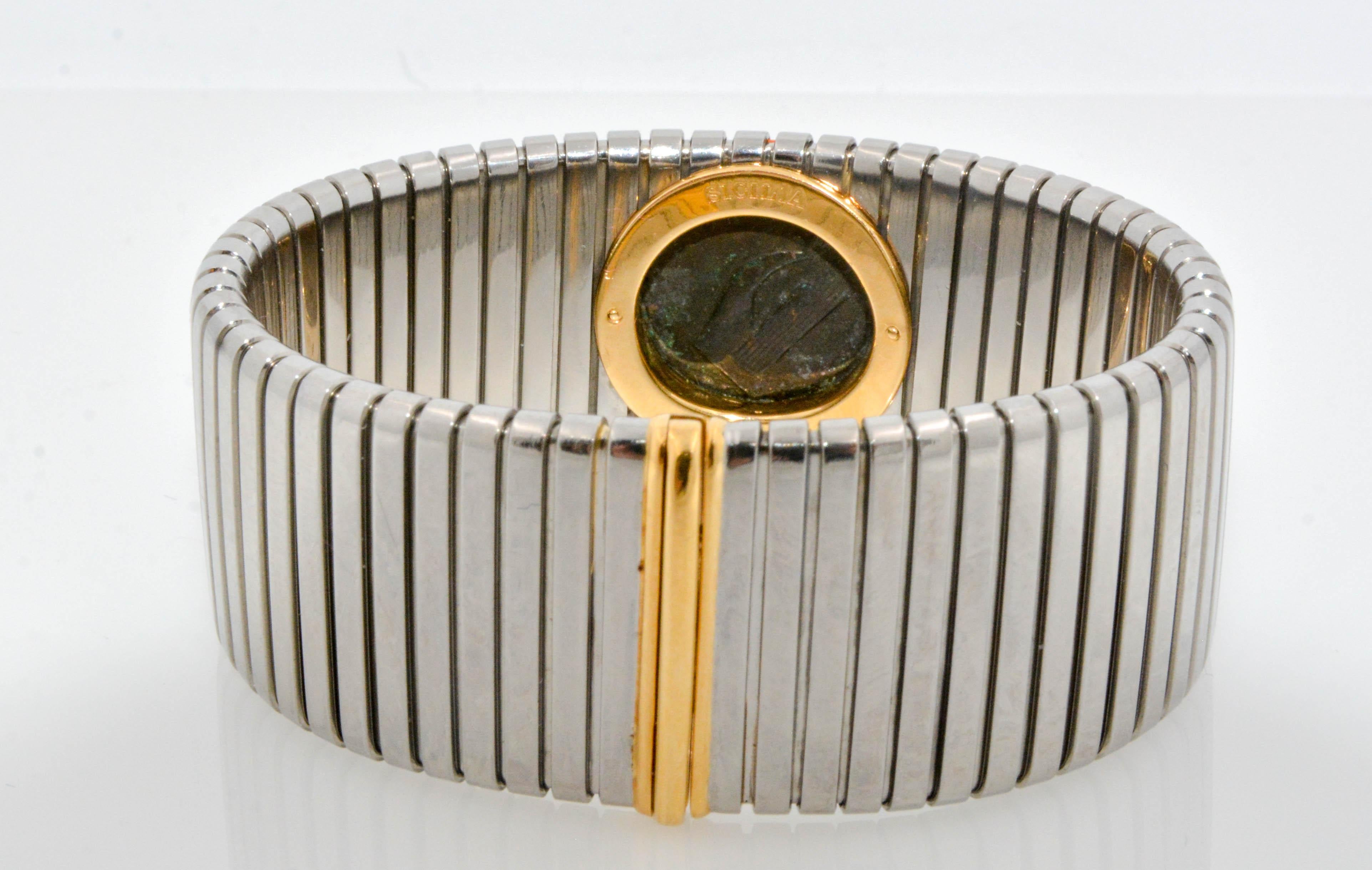 Modern Bvlgari 18 Karat Yellow Gold/Stainless Steel Bezel Set Ancient Coin Bracelet