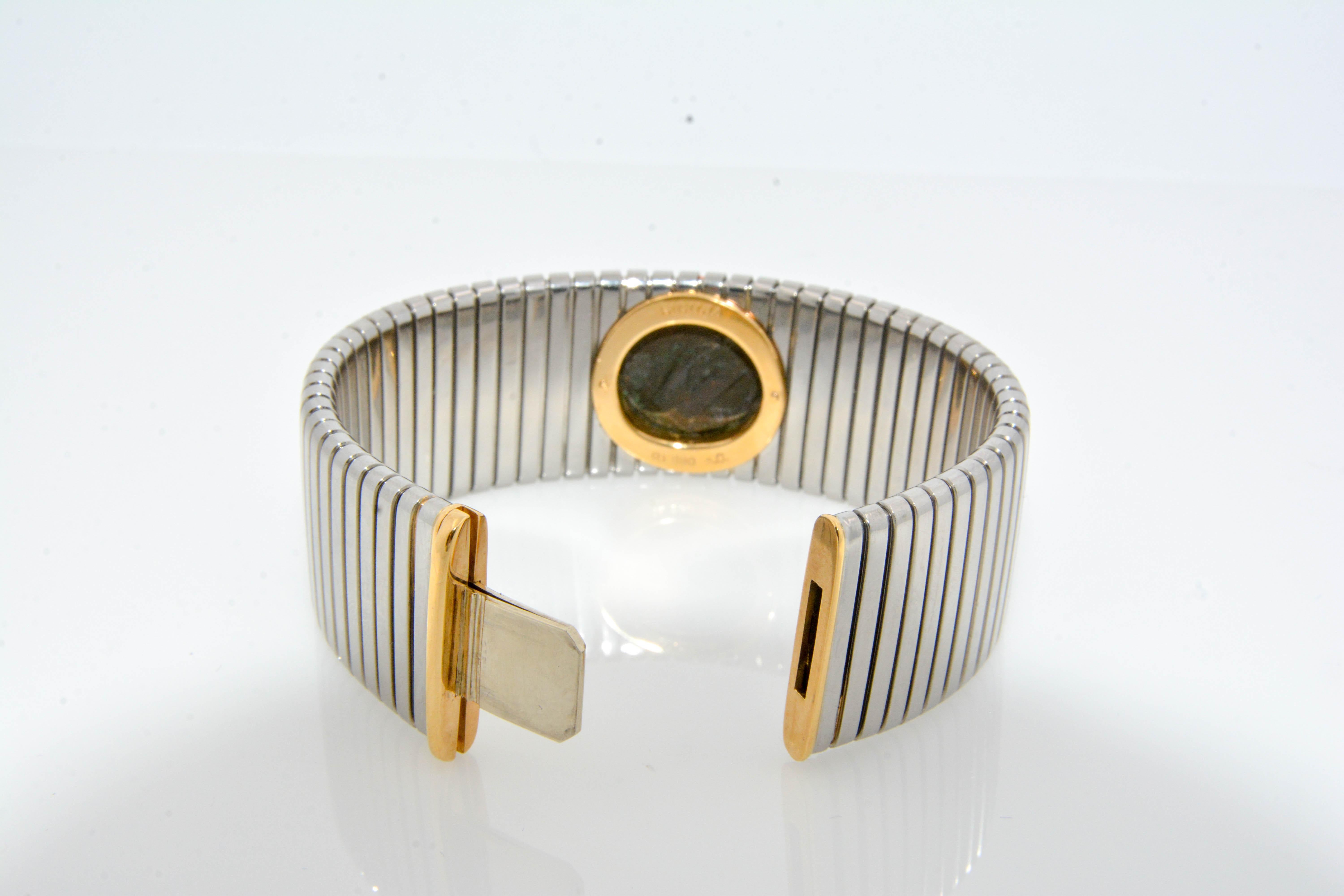 Women's or Men's Bvlgari 18 Karat Yellow Gold/Stainless Steel Bezel Set Ancient Coin Bracelet