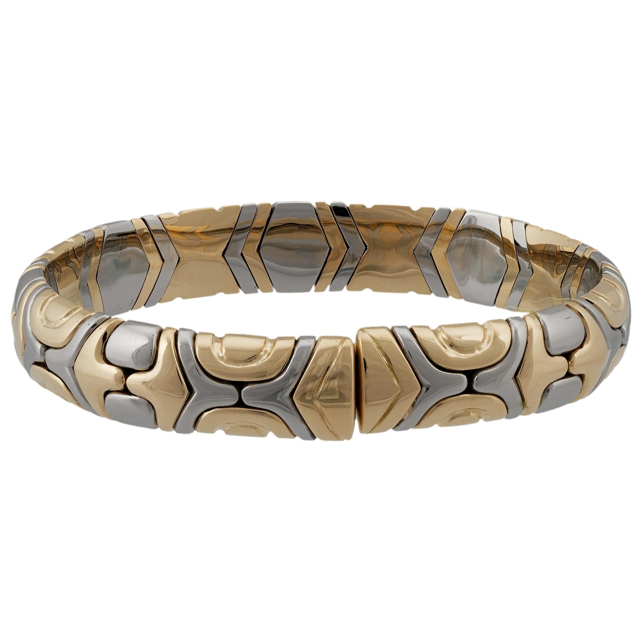 Bvlgari 18 Karat Yellow Gold and Stainless Steel Parentesi Bracelet In Excellent Condition In New York, NY