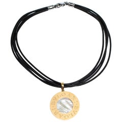 Bvlgari 18K Yellow Gold Steel MOP Onyx Pendant Leather Cord Necklace