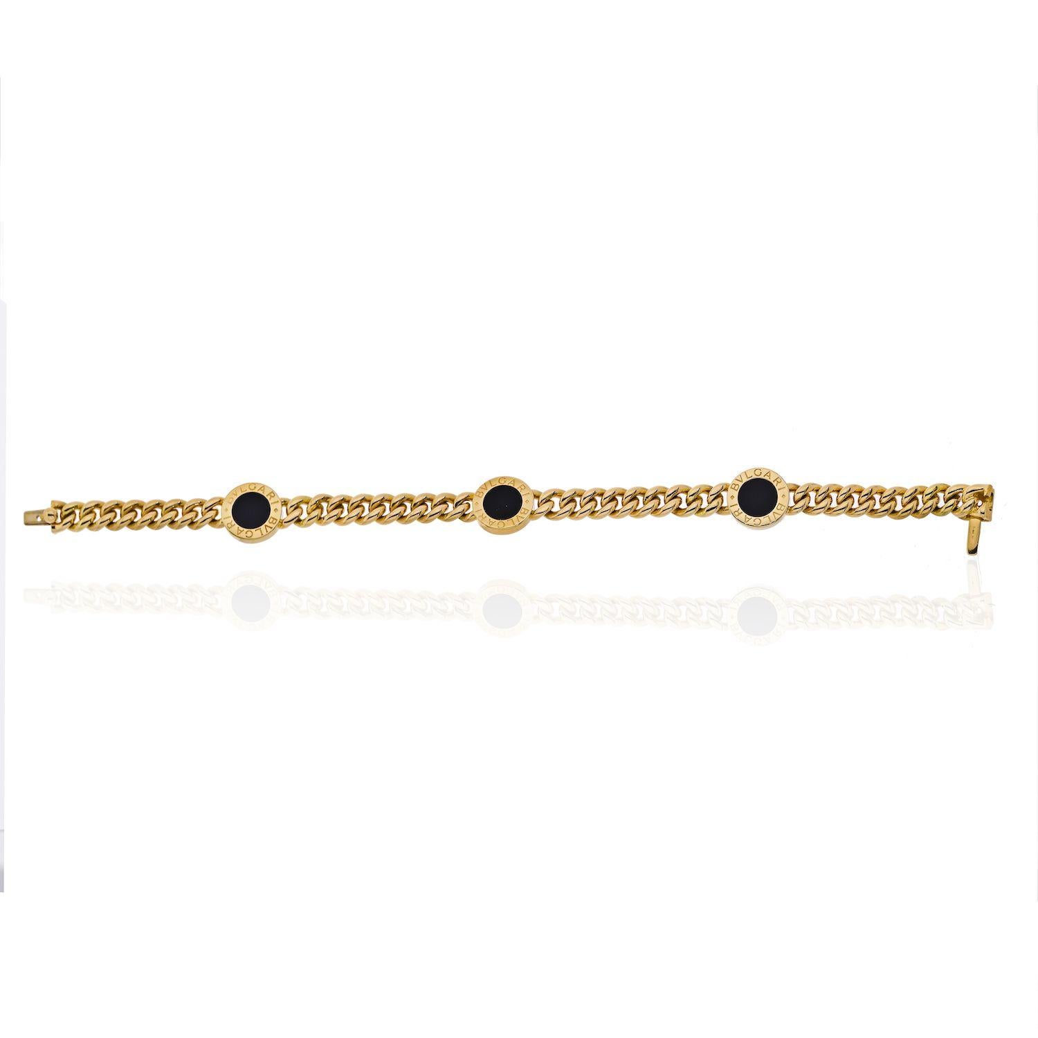 Bvlgari 18 Karat Yellow Gold Three Station Black Onyx Link Bracelet In Excellent Condition In New York, NY