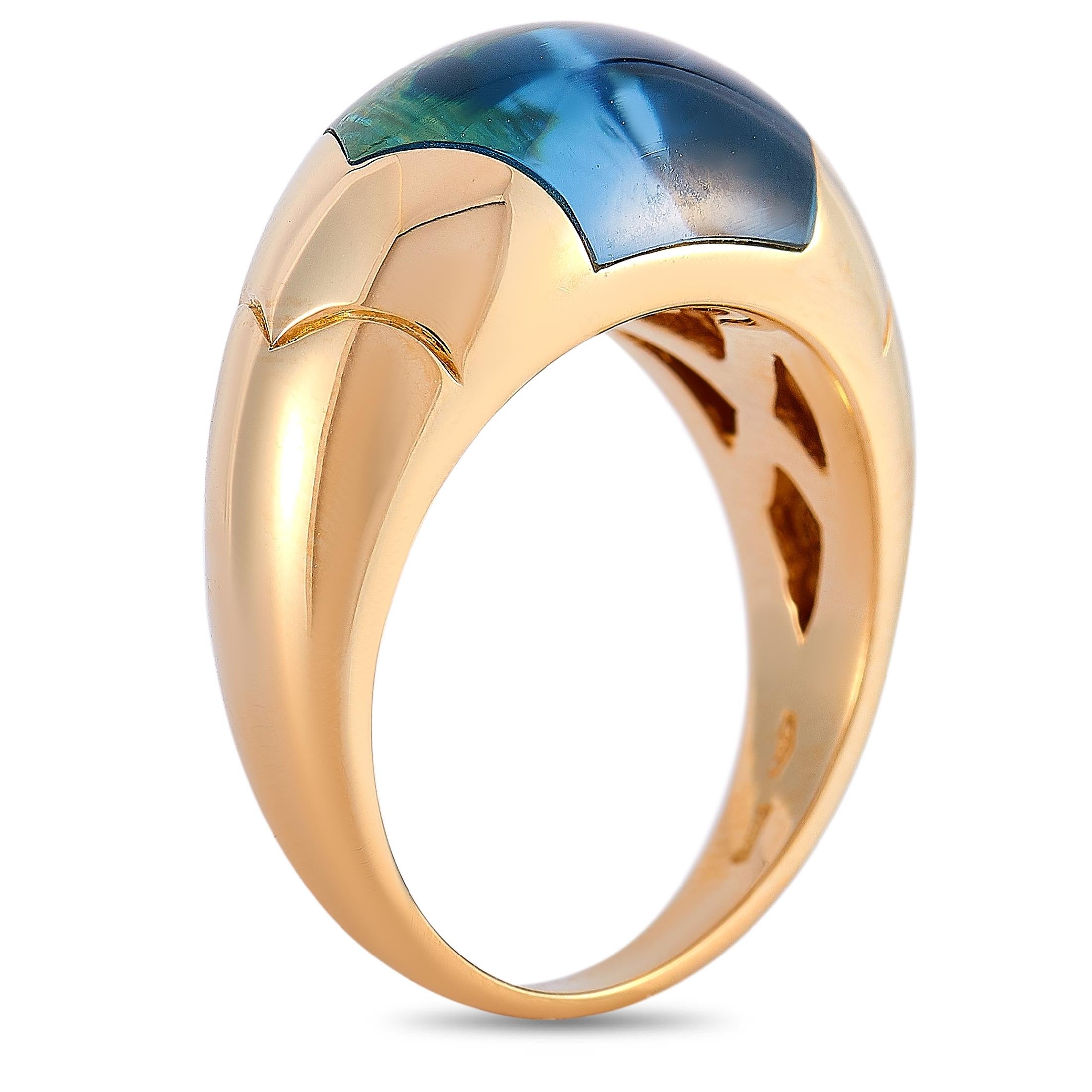 This Bvlgari ring is made out of 18K yellow gold and topaz and weighs 9.5 grams. The ring boasts band thickness of 2 mm and top height of 6 mm, while top dimensions measure 13 by 10 mm.
 
 Offered in estate condition, this jewelry piece includes the