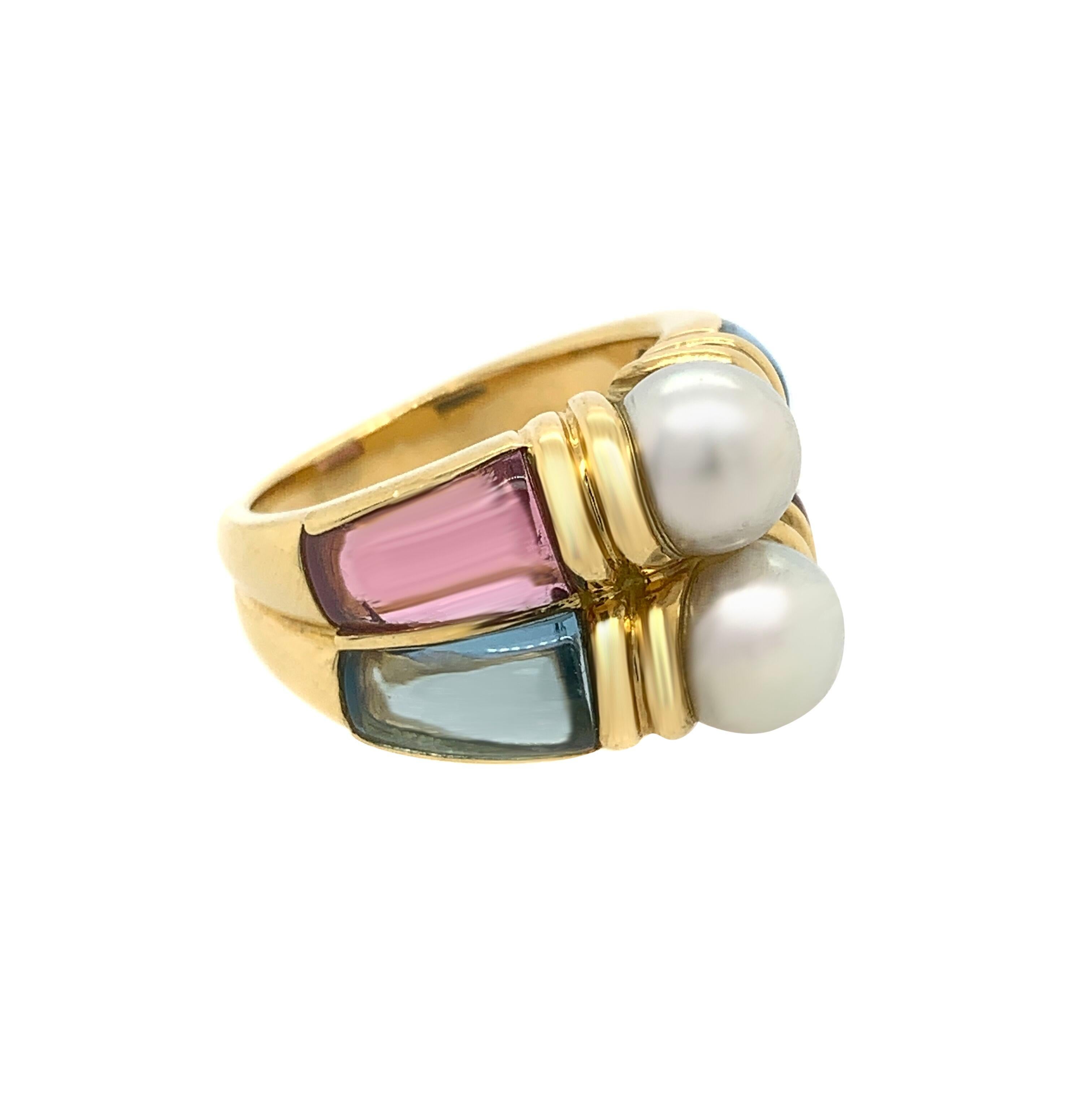 Brand: Bvlgari
Metal: 18k Yellow Gold
Ring Size: 5.5
Year of Manufacture: Circa 1970s
Condition: Excellent
Gemstone: Tourmaline, Aquamarine , 2 Cultured Pearls
Total Item Weight: 14 g