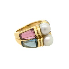 Bvlgari 18 Karat Yellow Gold Touramline and Aquamarine Cultured Pearl Ring