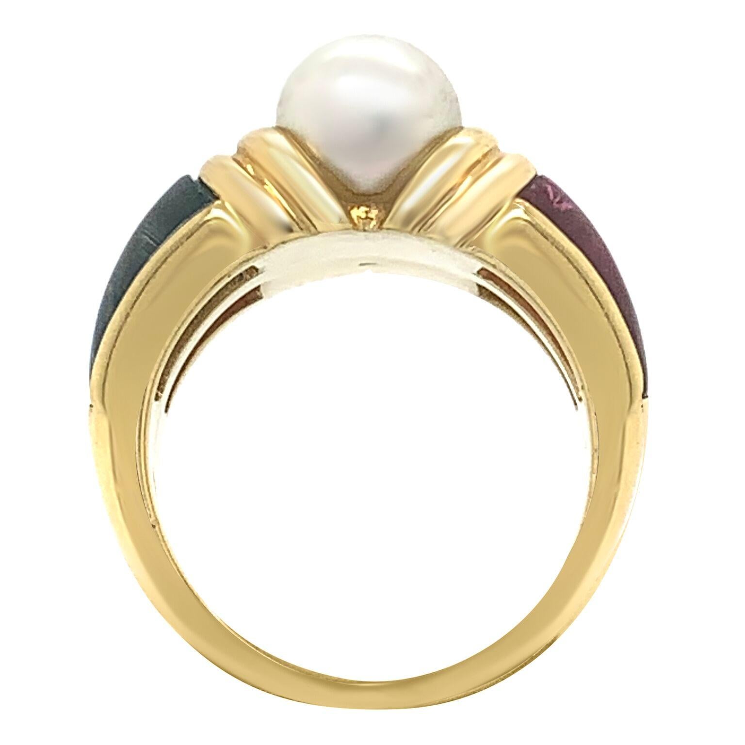 Modern Bvlgari 18 Karat Yellow Gold Touramline and Aquamarine Cultured Pearl Ring For Sale