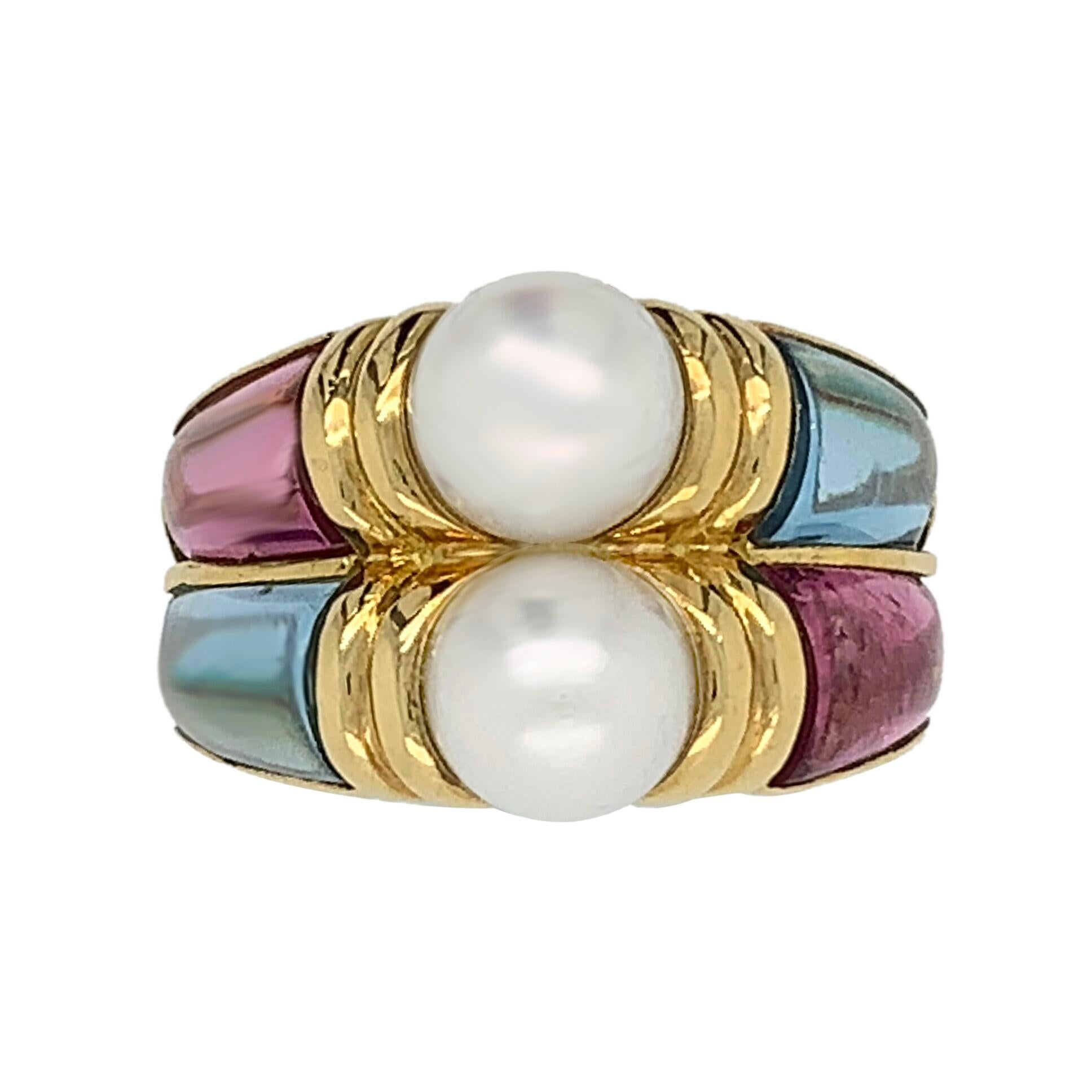 Modern Bvlgari 18 Karat Yellow Gold Touramline and Aquamarine Cultured Pearl Ring