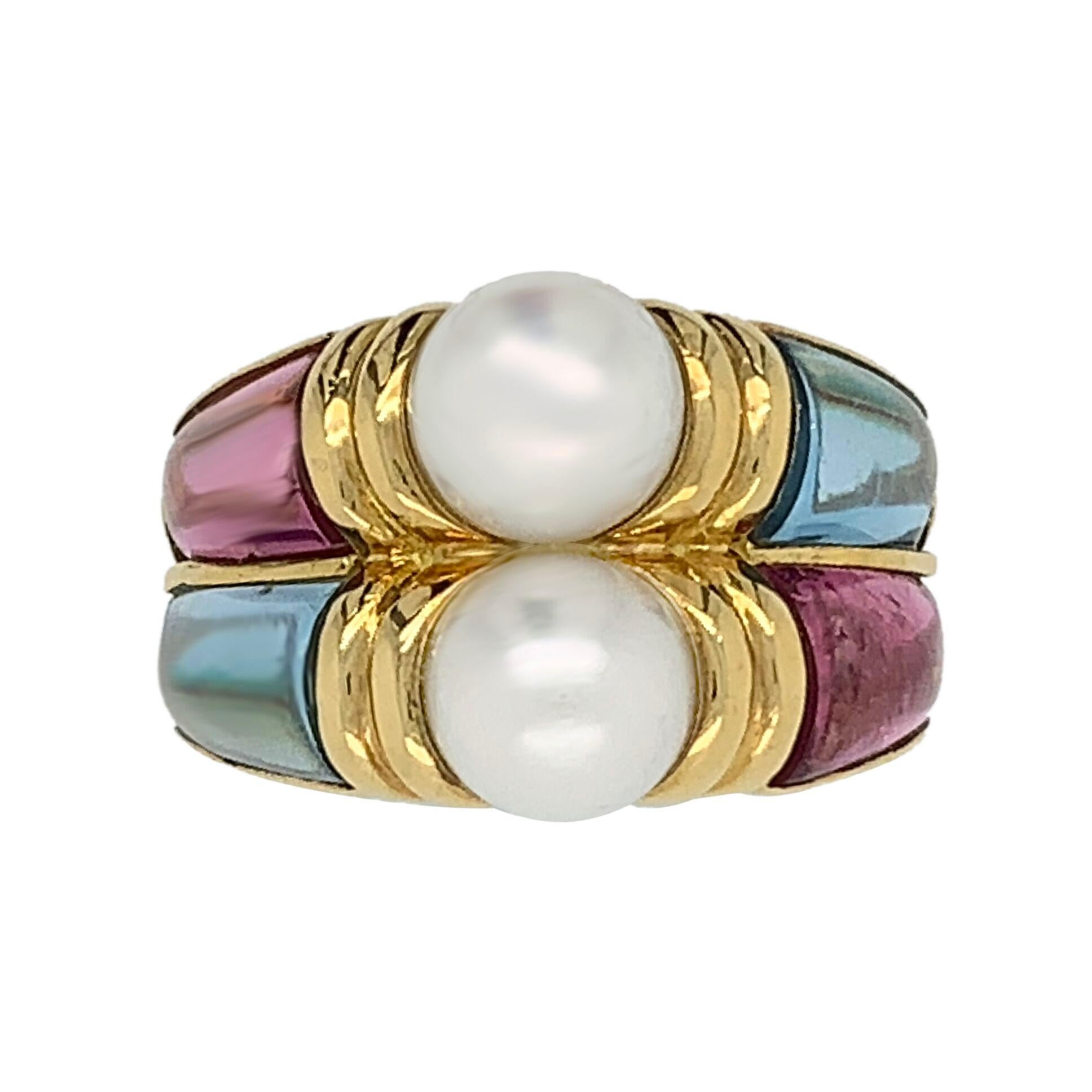 Modern Bvlgari 18 Karat Yellow Gold Touramline and Aquamarine Cultured Pearl Ring For Sale