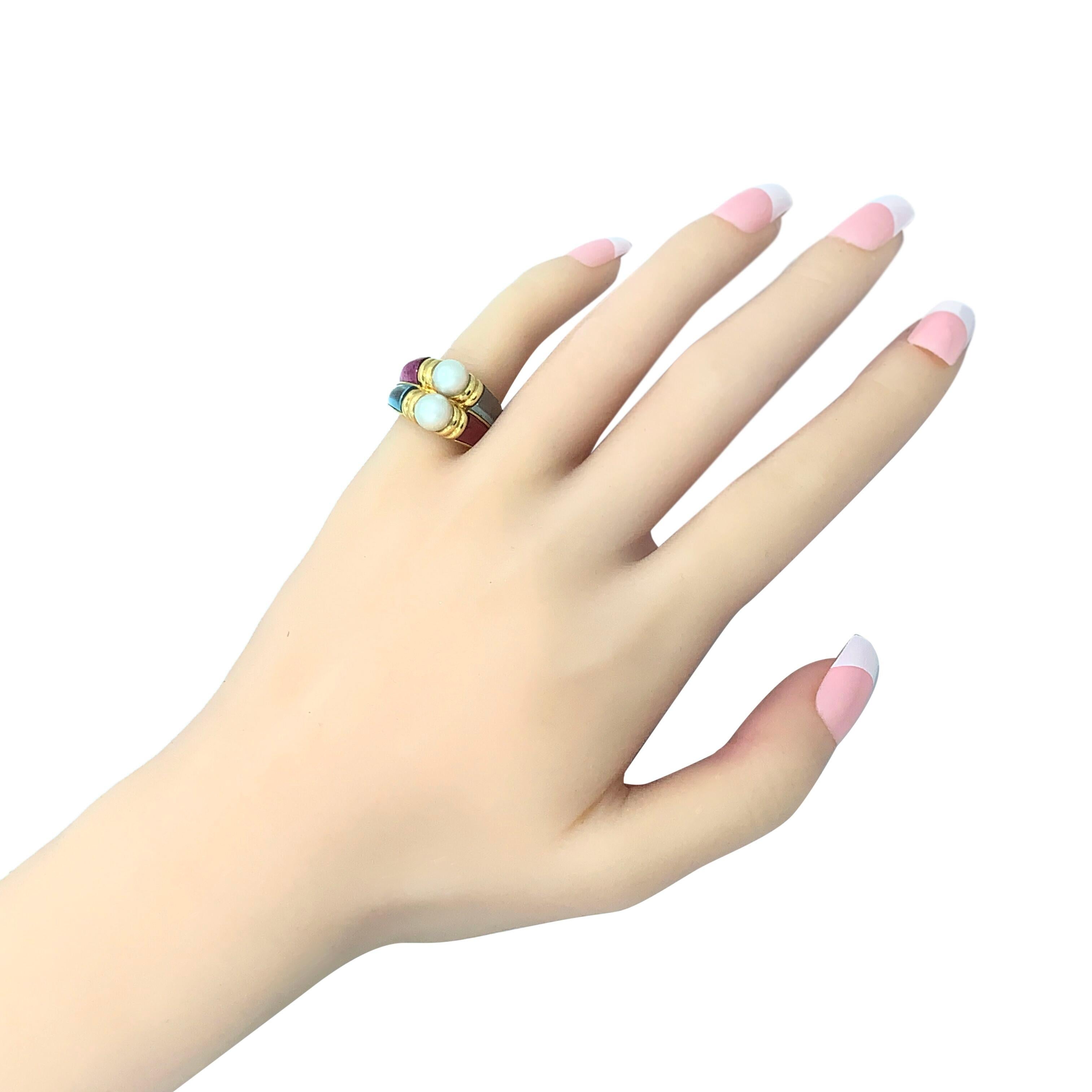 Bvlgari 18 Karat Yellow Gold Touramline and Aquamarine Cultured Pearl Ring In Excellent Condition For Sale In New York, NY