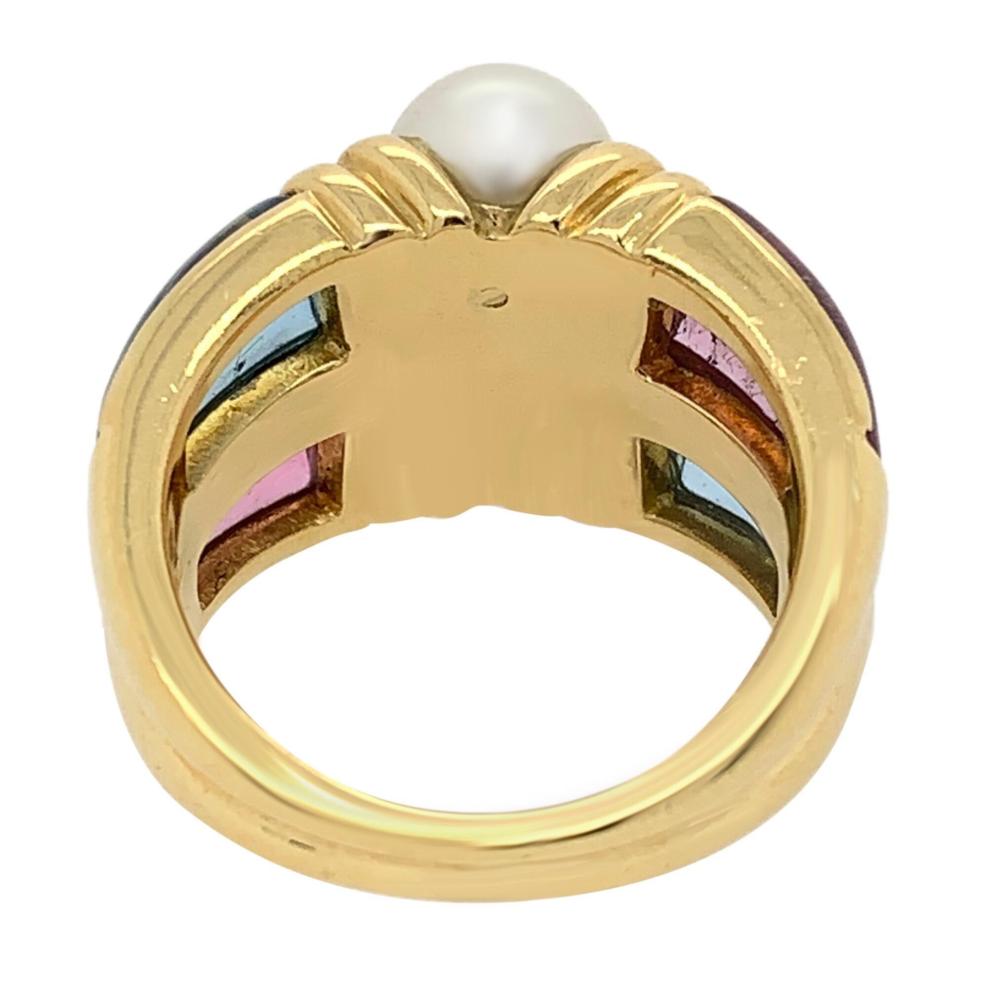 Women's Bvlgari 18 Karat Yellow Gold Touramline and Aquamarine Cultured Pearl Ring For Sale