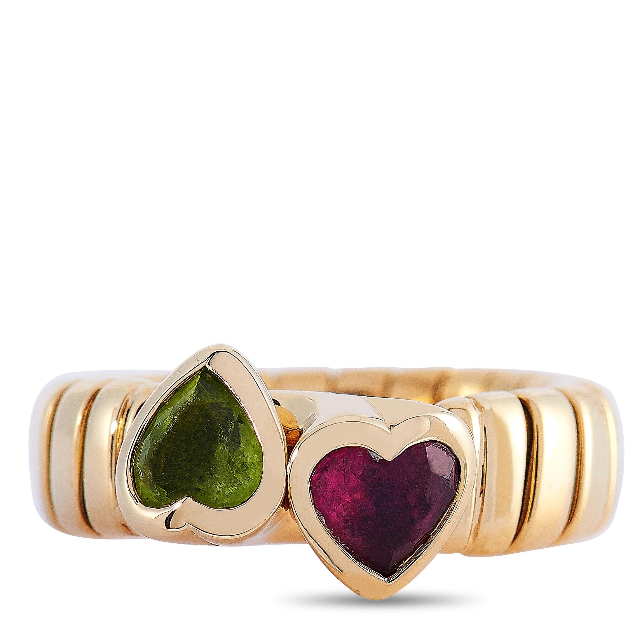 Heart Cut Bvlgari 18 Karat Yellow Gold Tourmaline and Peridot Bypass Ring