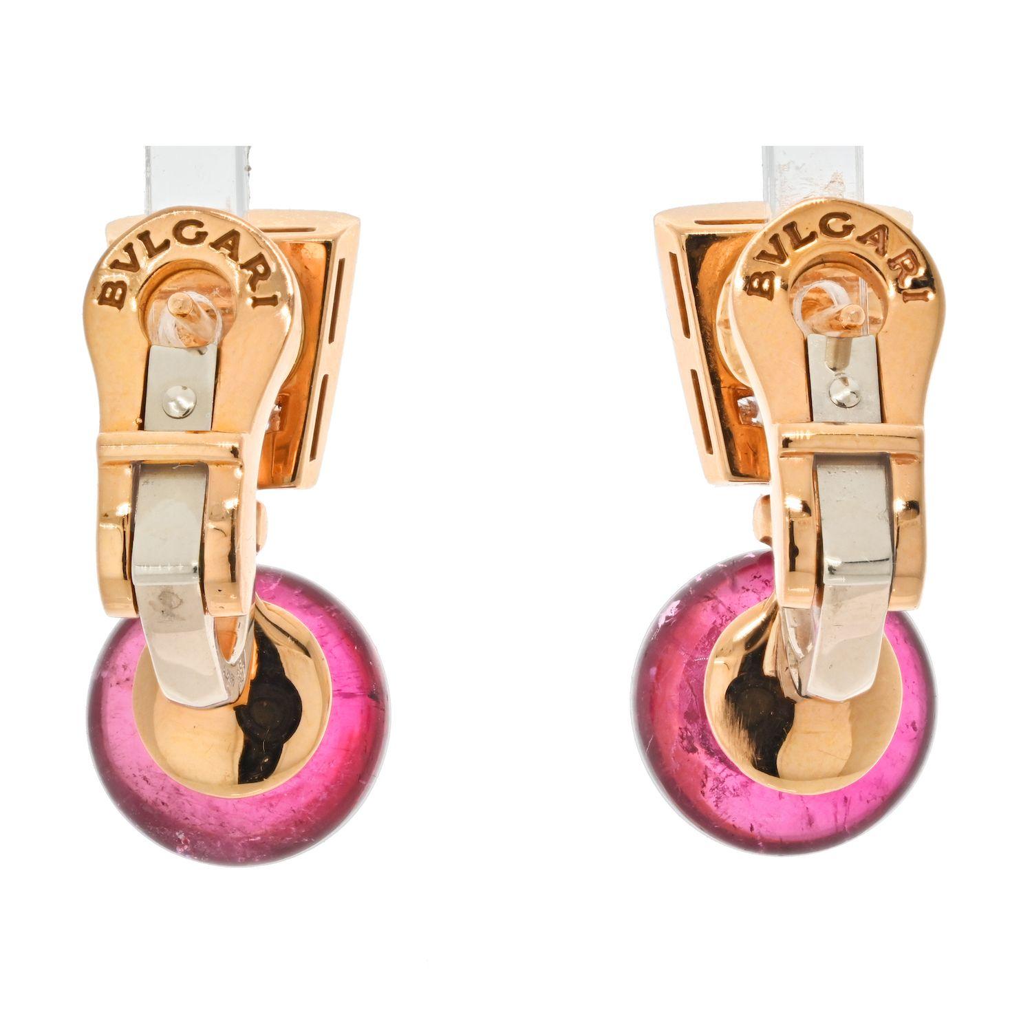 These fabulous Bulgari earrings is crafted in 18k yellow gold and set with cabochon tourmalines and round brilliant-cut D-F VVS1-VVS2 diamonds weighing an estimated 1.25 - 1.30 carats. Made in Italy circa 2000s. Measurements: 0.38