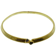 Bvlgari 18 Karat Gold Tubogas Halskette mit Amethyst und Turmalin Herzen