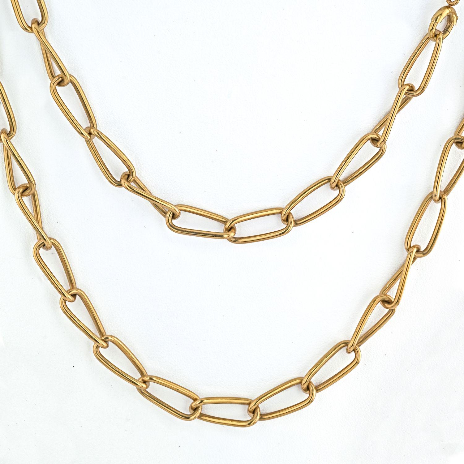 Rare Bvlgari 18K Yellow Gold 1970's Long Link Chain Necklace for versatile unisex wear.
Crafted as two chains and can be worn long way and as two shorter ways. 
First chain: 30 inches;
Second chain: 27.5 inches. 
Combined 57.5 inches. 
