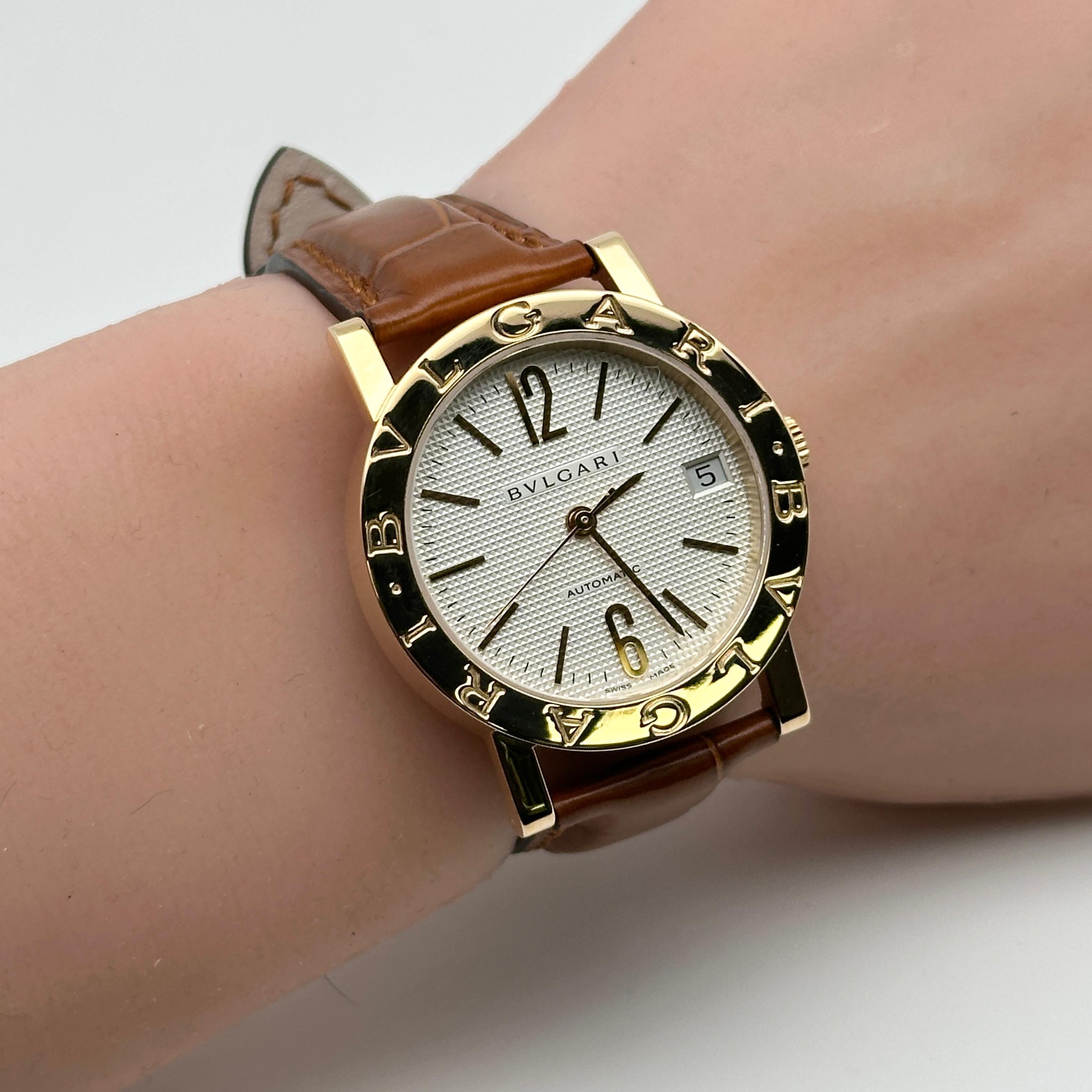 Bvlgari 18k Yellow Gold White Dial Leather Strap Automatic Watch BB33GL For Sale 6
