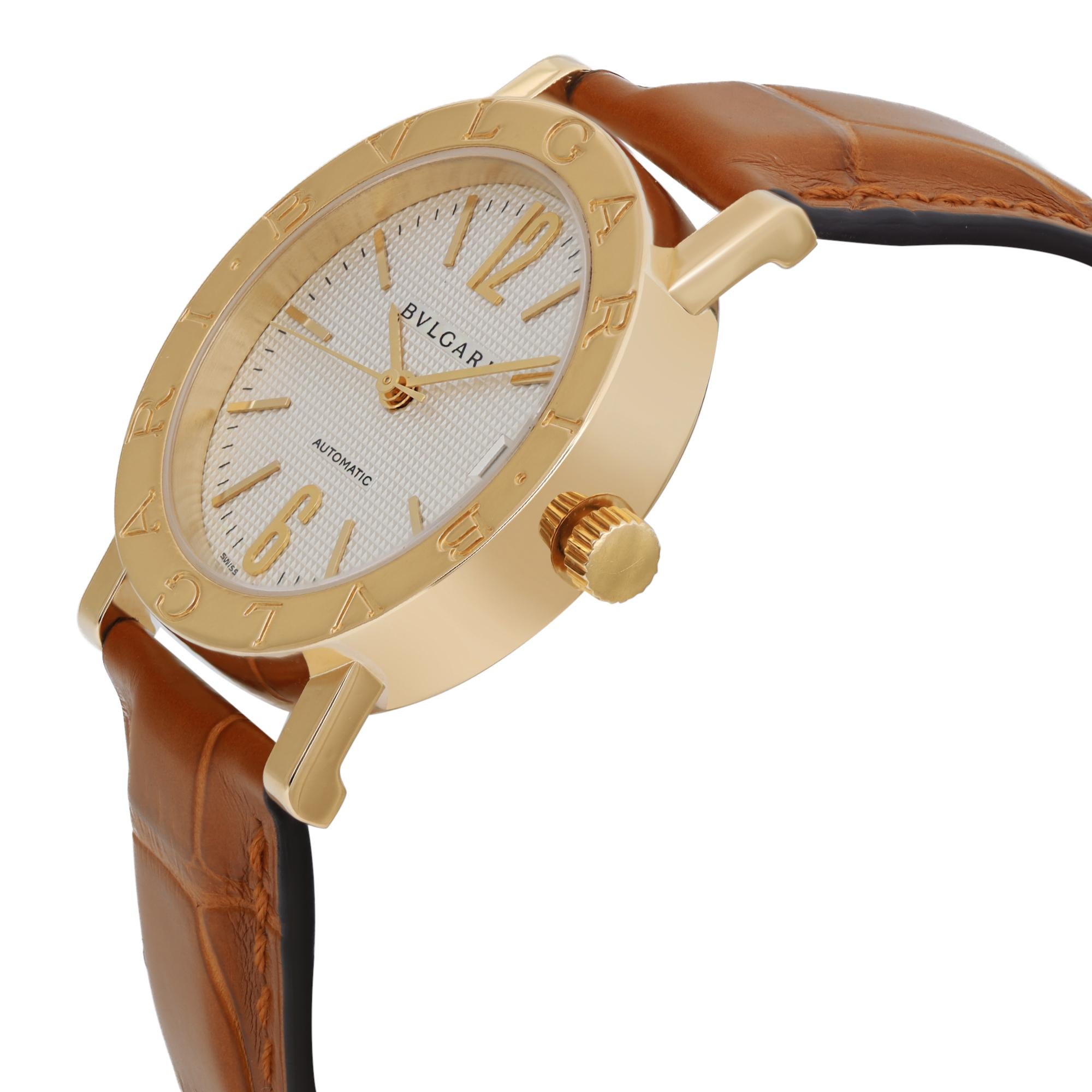 Bvlgari 18k Yellow Gold White Dial Leather Strap Automatic Watch BB33GL In Excellent Condition For Sale In New York, NY