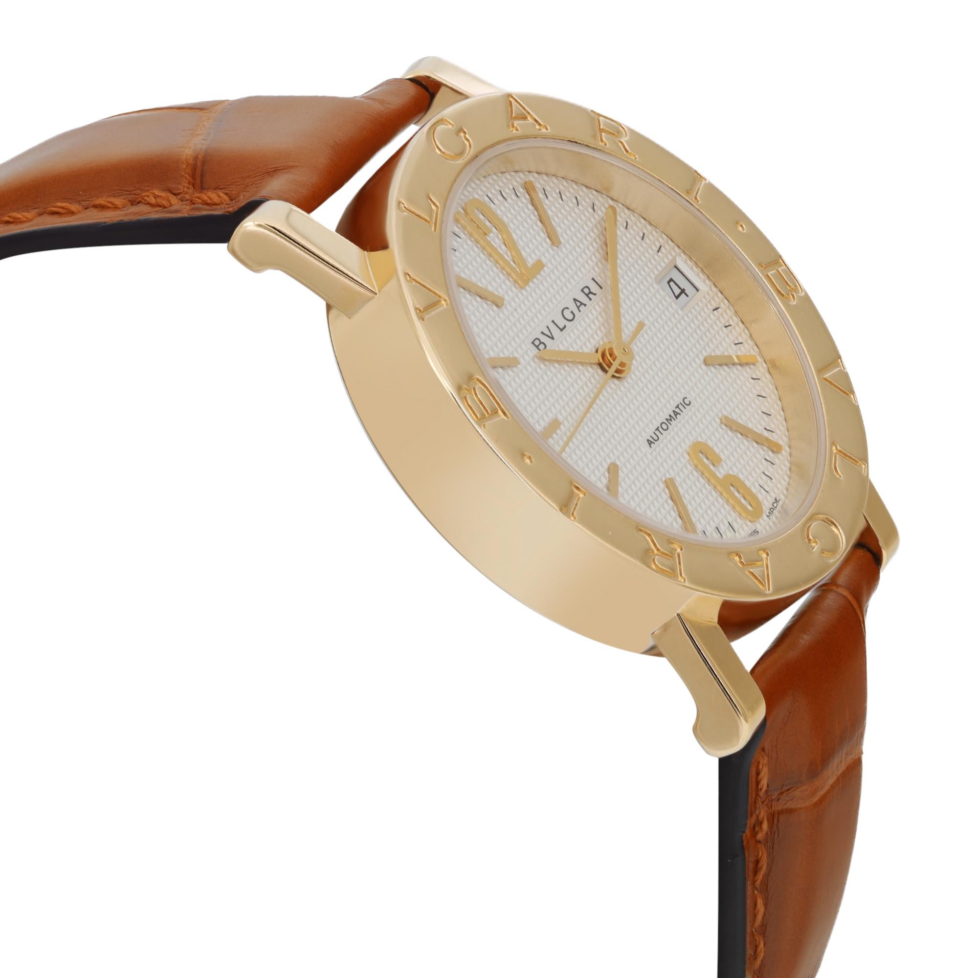 Women's or Men's Bvlgari 18k Yellow Gold White Dial Leather Strap Automatic Watch BB33GL For Sale