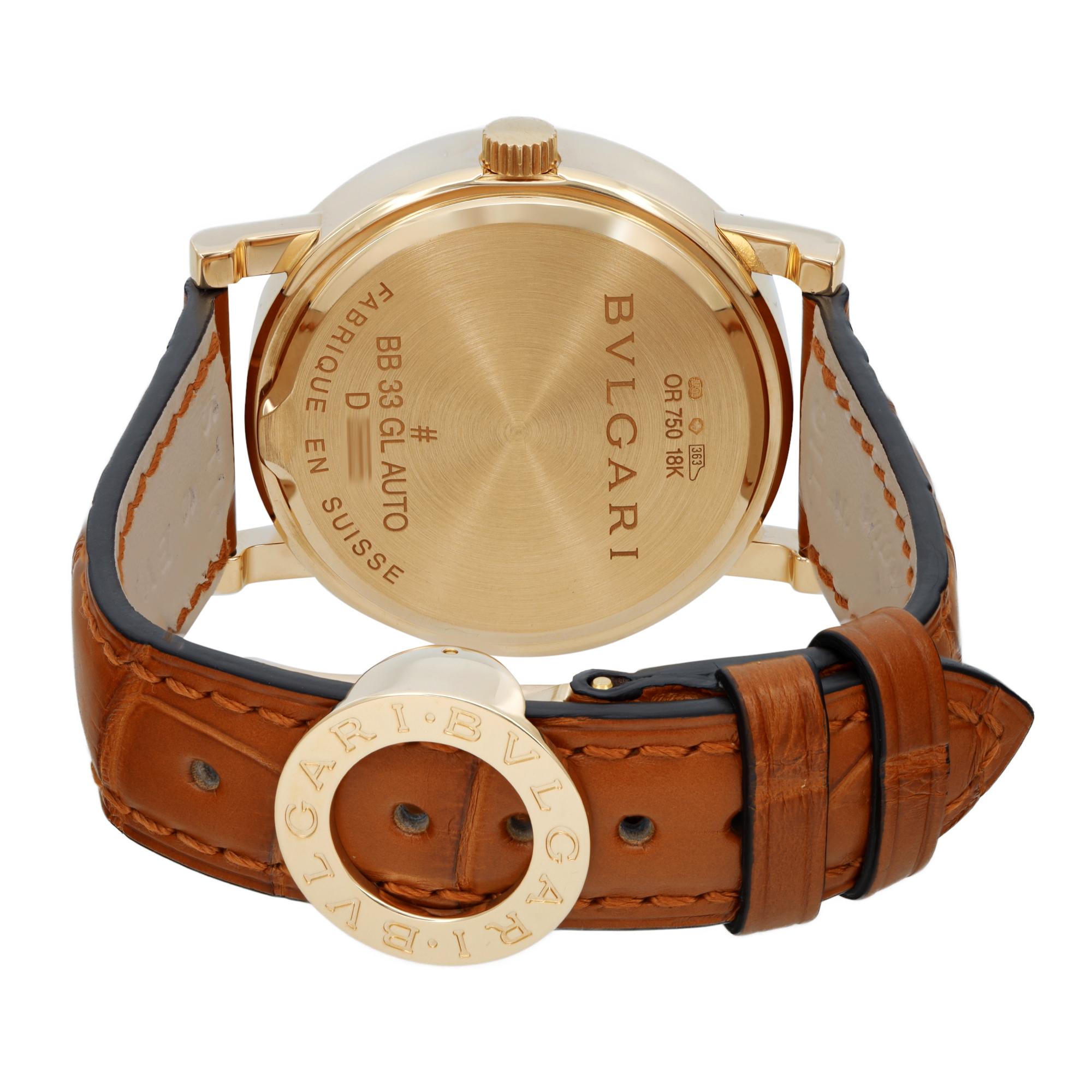 Bvlgari 18k Yellow Gold White Dial Leather Strap Automatic Watch BB33GL For Sale 1