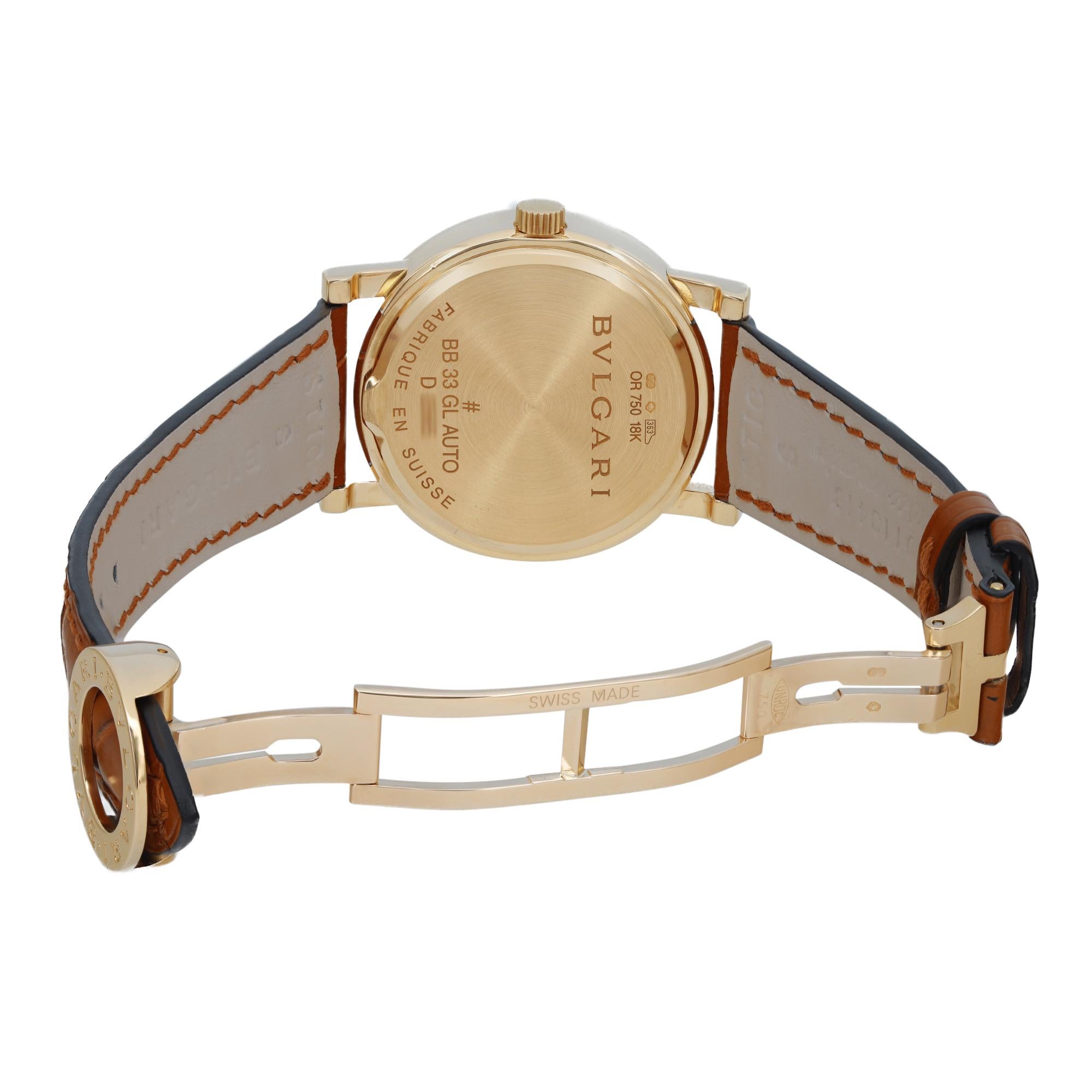 Bvlgari 18k Yellow Gold White Dial Leather Strap Automatic Watch BB33GL For Sale 2