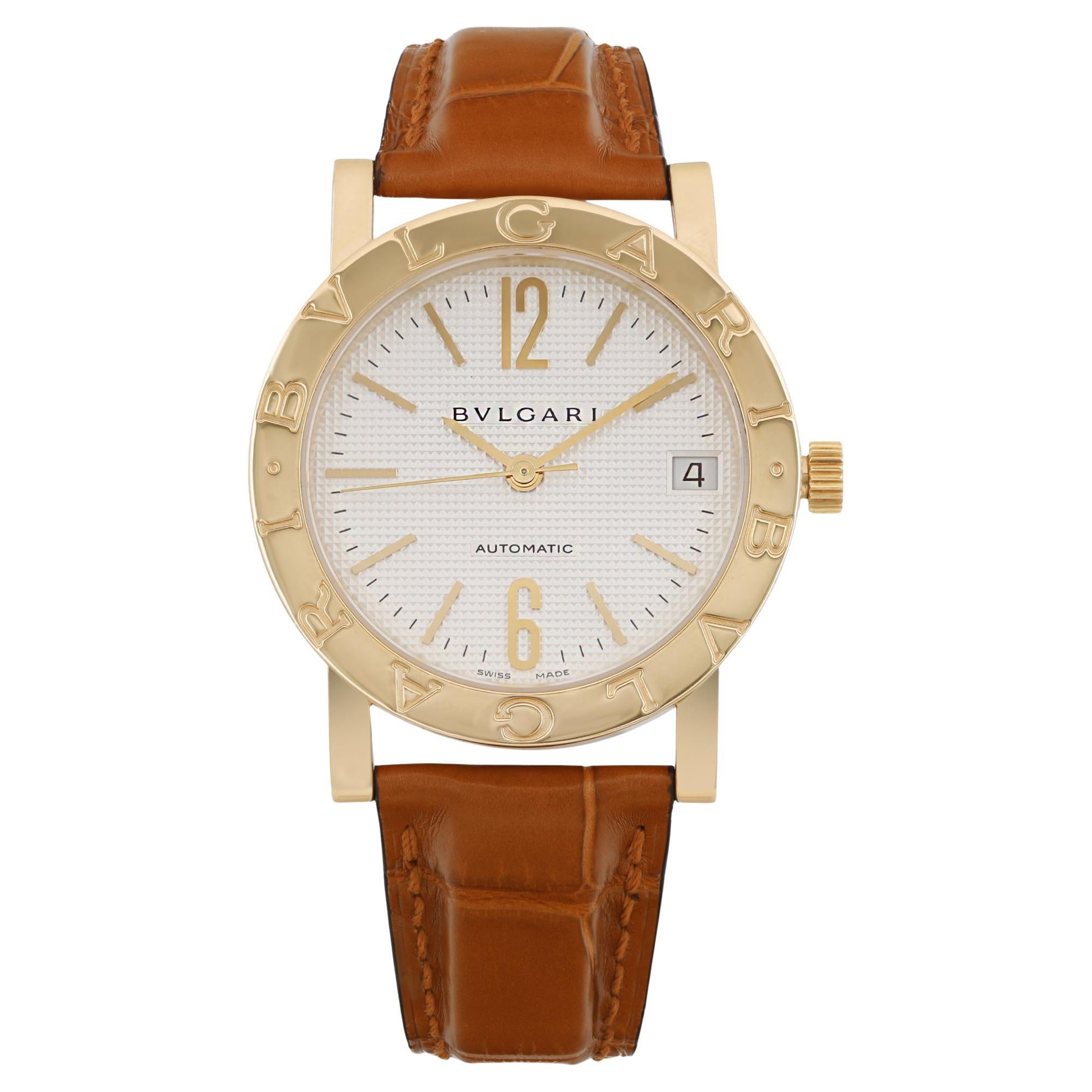Bvlgari 18k Yellow Gold White Dial Leather Strap Automatic Watch BB33GL