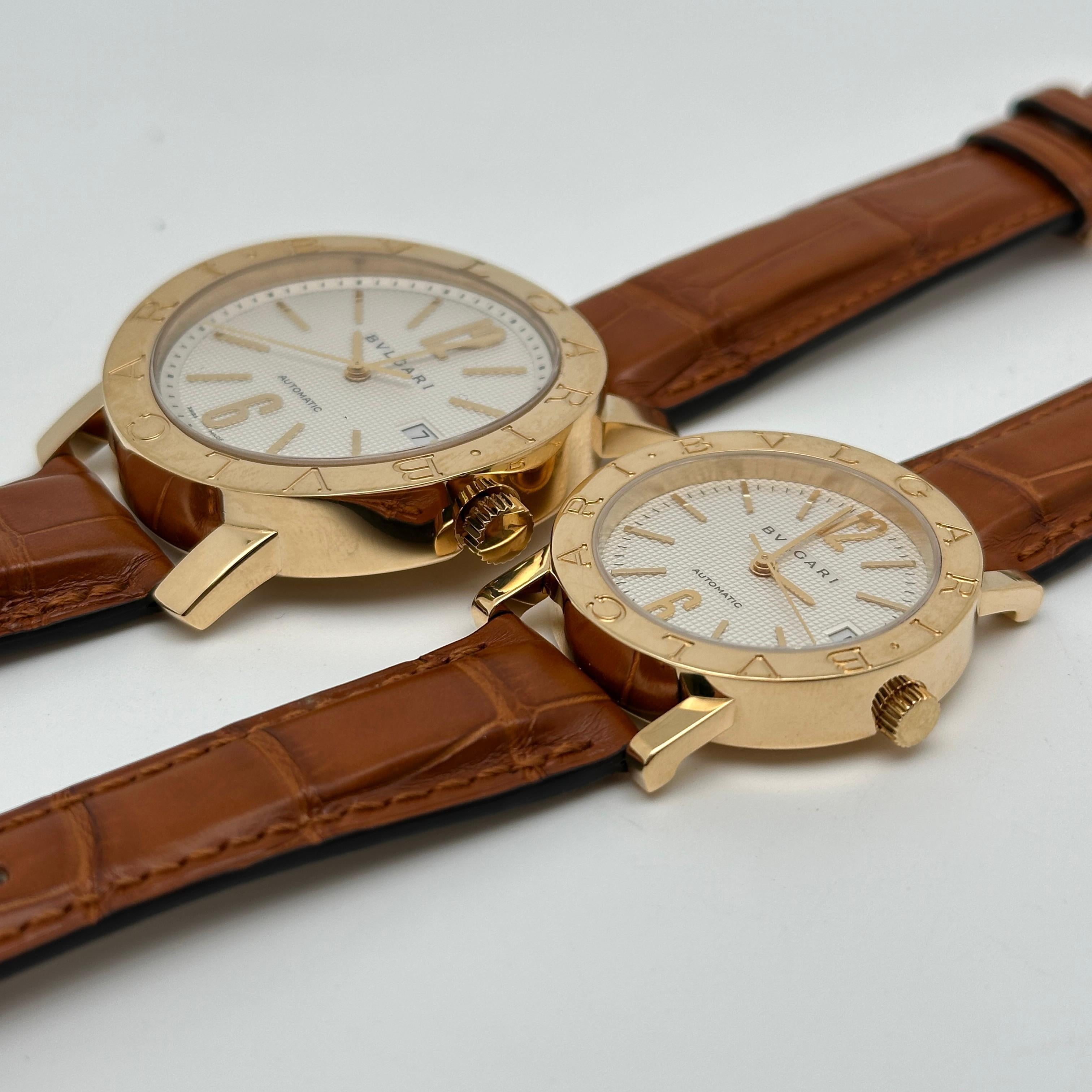 Bvlgari 18k Yellow Gold White Dial Leather Strap Automatic Watch His & Her Set In Excellent Condition In New York, NY