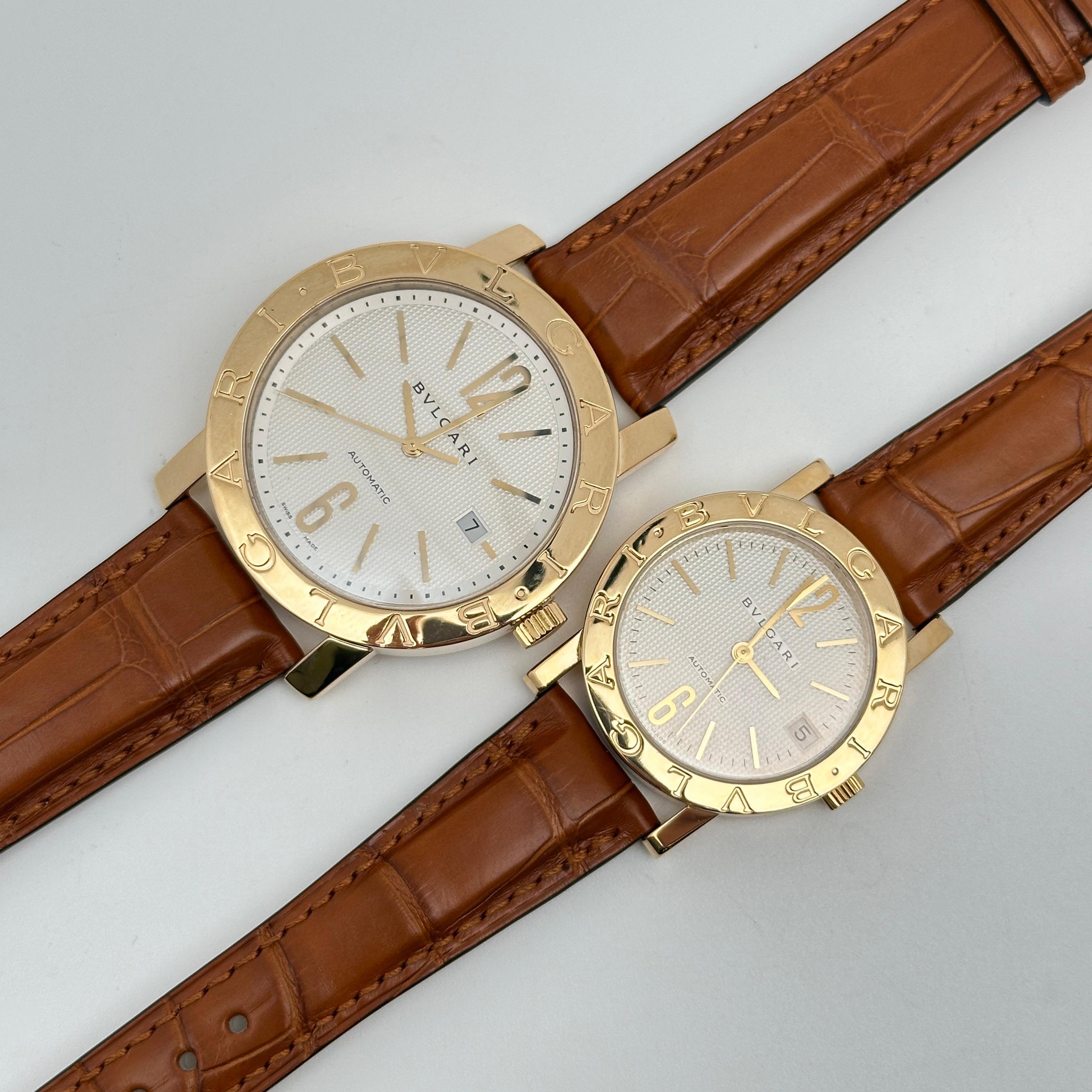 Women's or Men's Bvlgari 18k Yellow Gold White Dial Leather Strap Automatic Watch His & Her Set