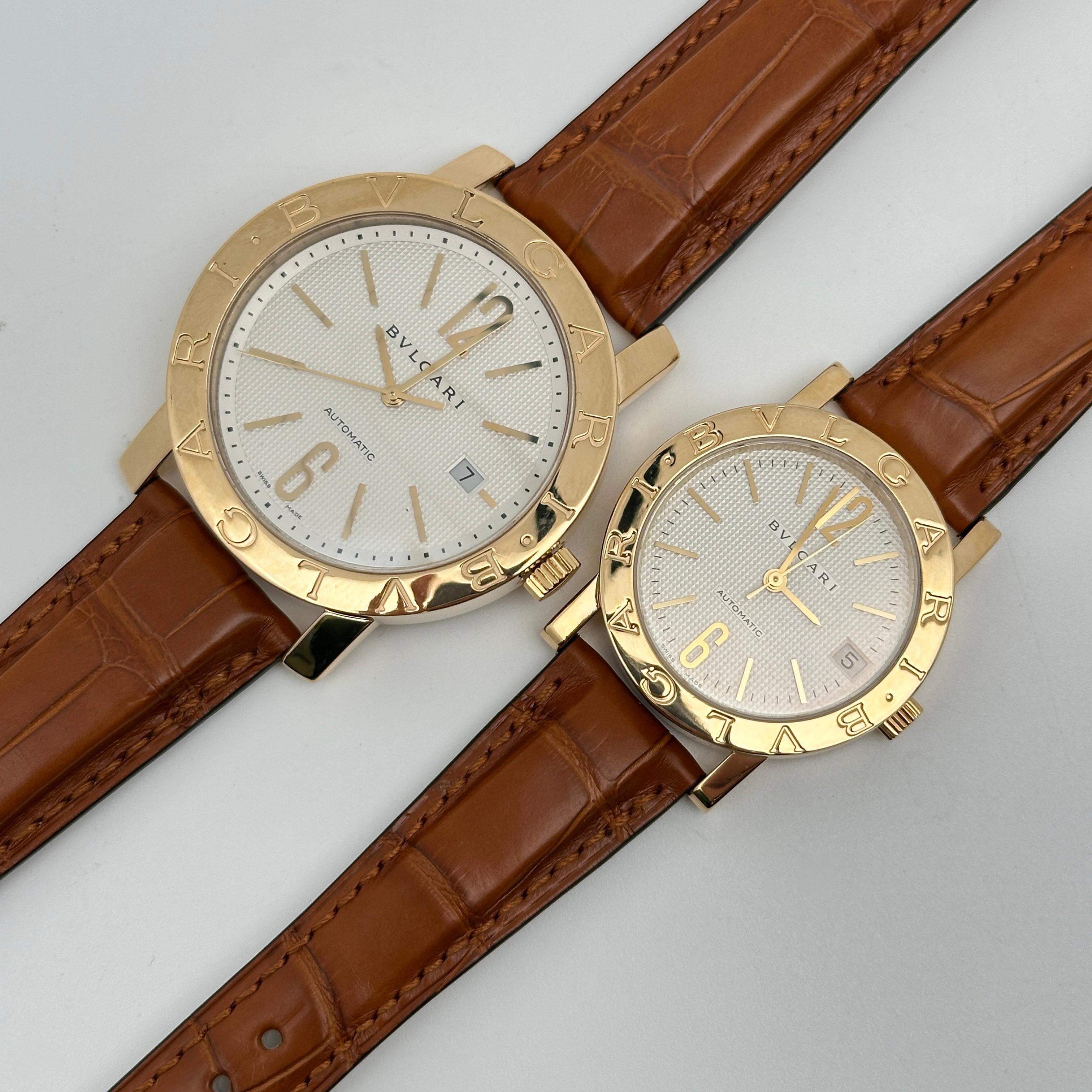 Bvlgari 18k Yellow Gold White Dial Leather Strap Automatic Watch His & Her Set 2