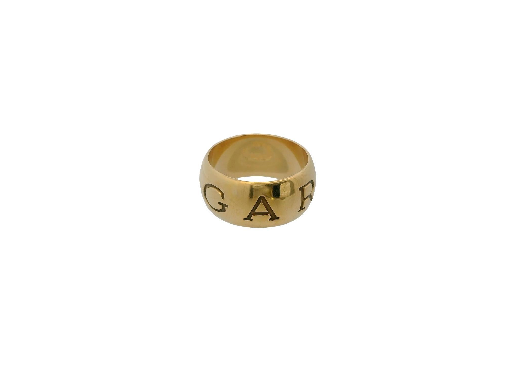 Contemporary Bvlgari 18K Yellow Gold Wide Logo Band Size 59 For Sale