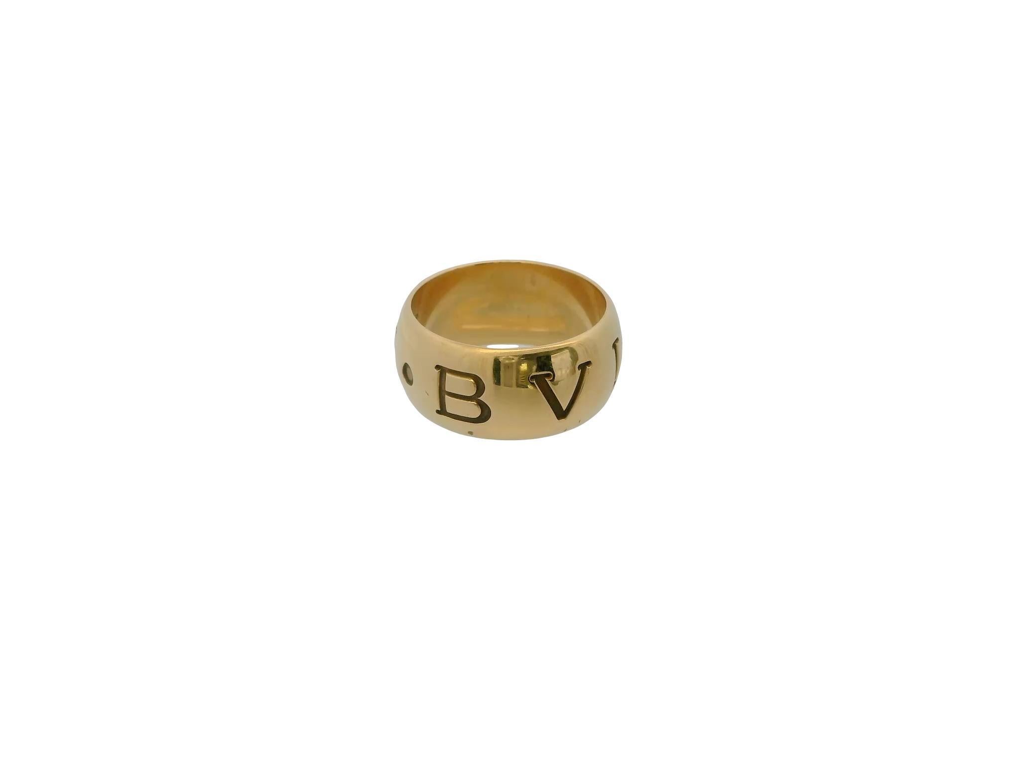 Women's or Men's Bvlgari 18K Yellow Gold Wide Logo Band Size 59 For Sale