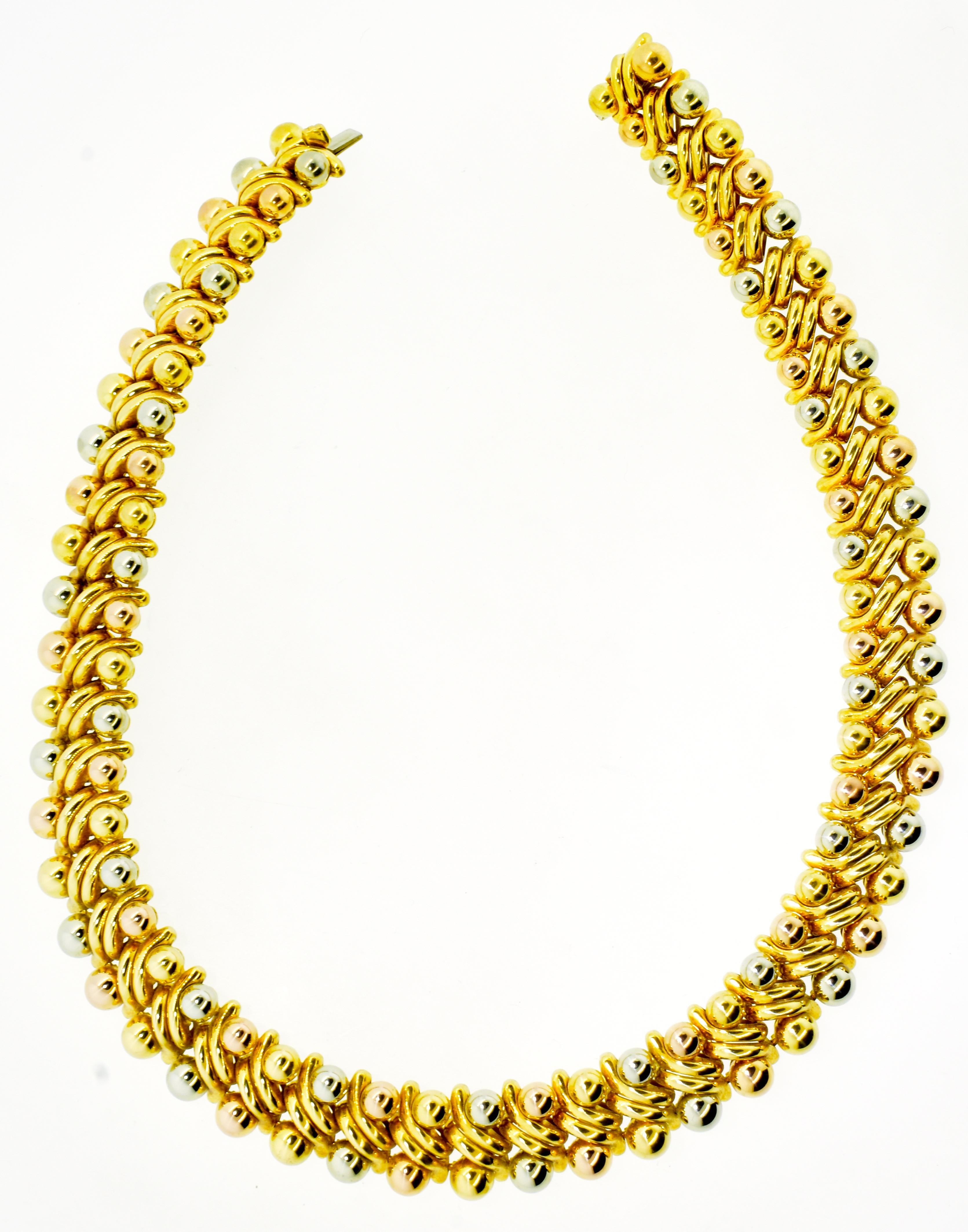 Bulgari necklace, 18K yellow, pink and white gold spheres, this classic yet bold statement is perfect for either daytime or evening.  A generous length of 17 inches and a width of .75 inches, this particular vintage choker style necklace by Bvlgari