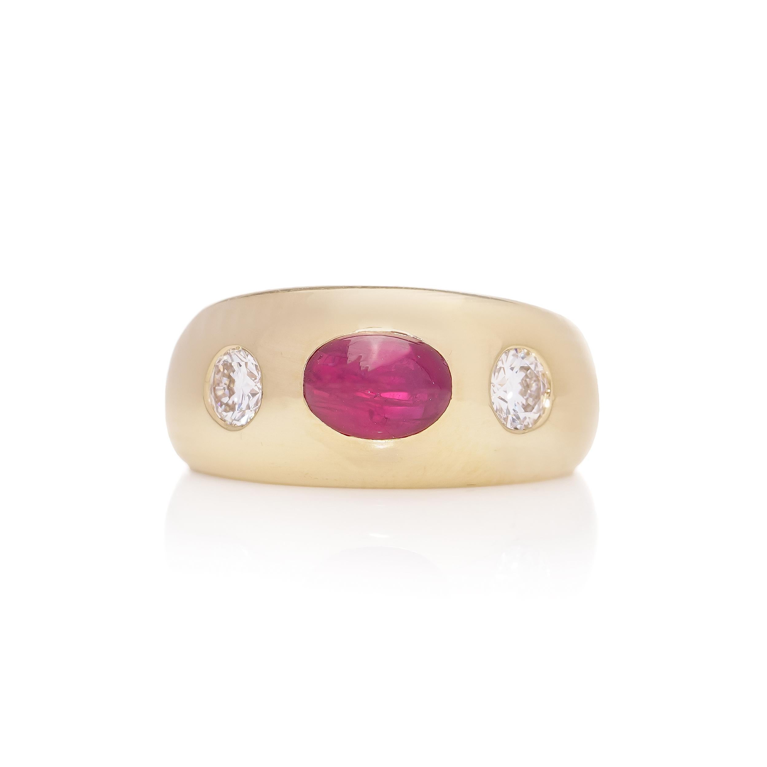 Old European Cut Bvlgari 18kt. gold three - stone Burma Cabochon ruby and diamond ring For Sale
