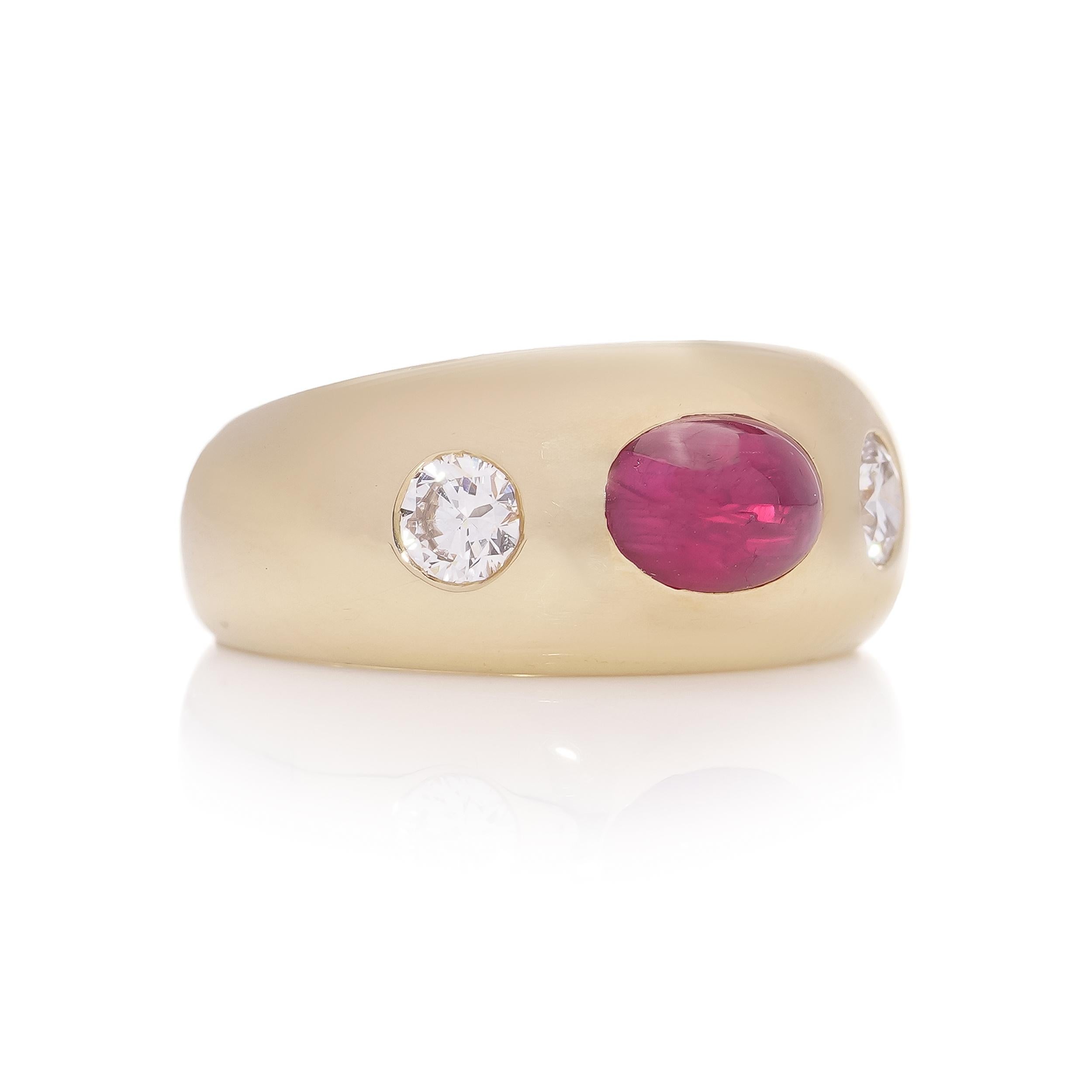 Old European Cut Bvlgari 18kt. gold three - stone Burma Cabochon ruby and diamond ring For Sale