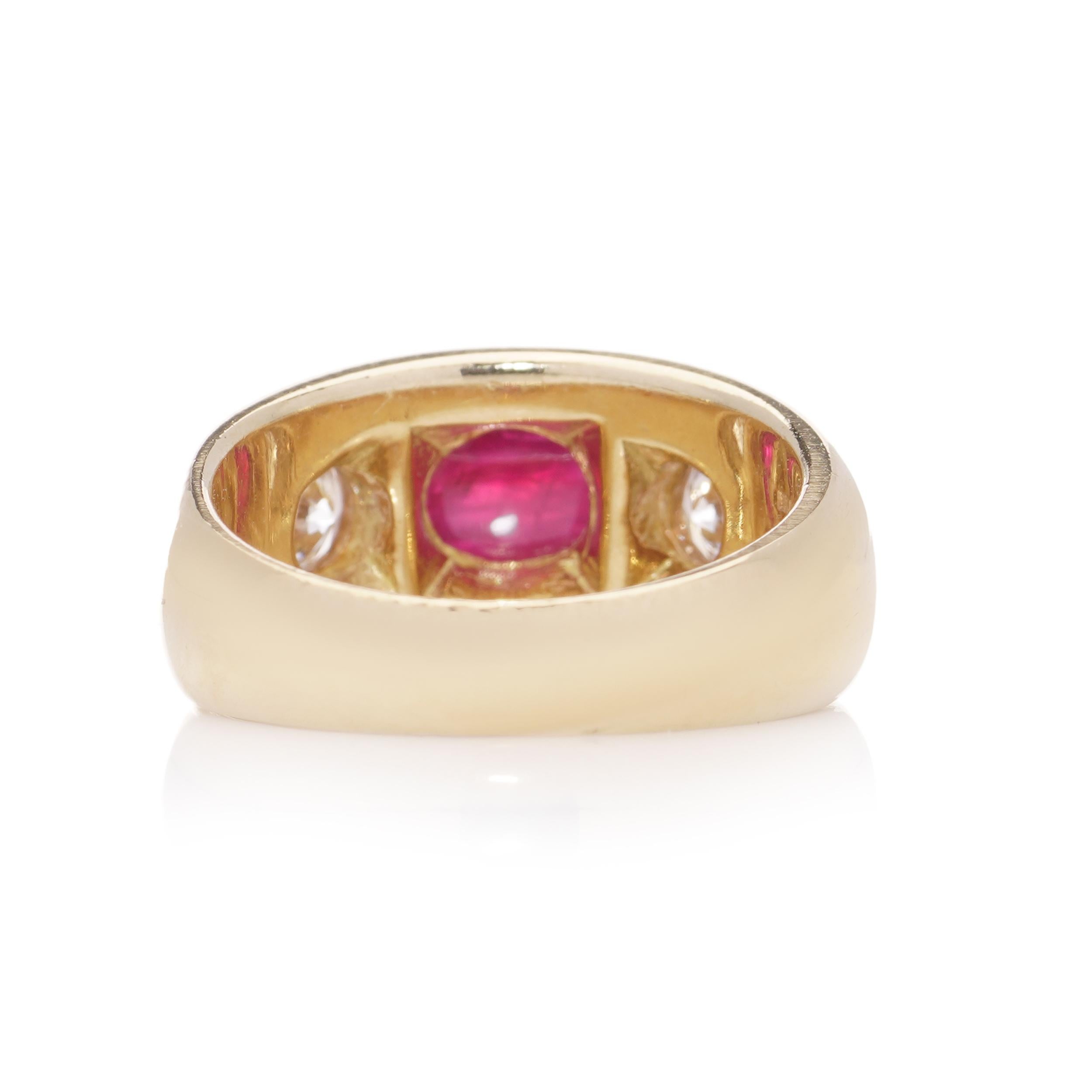 Women's Bvlgari 18kt. gold three - stone Burma Cabochon ruby and diamond ring For Sale