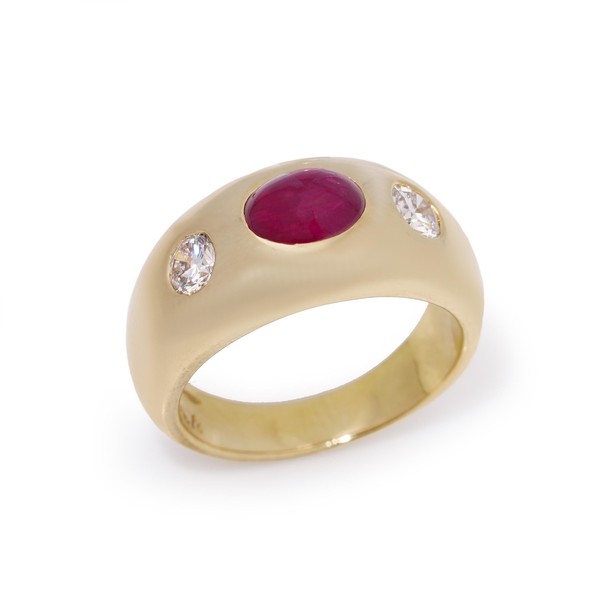 Bvlgari 18kt. gold three - stone Burma Cabochon ruby and diamond ring For Sale 3